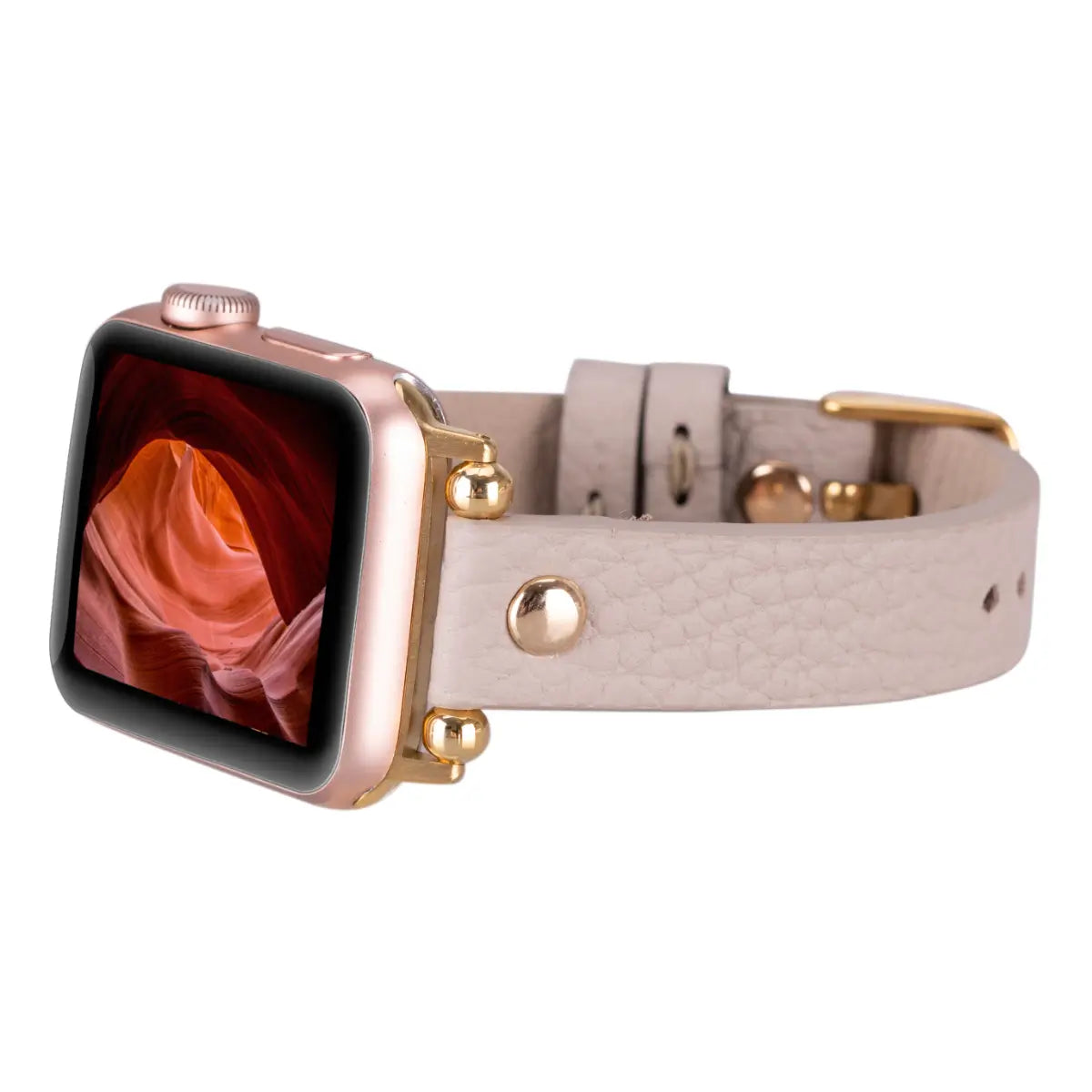 Slim Beige Leather Apple Watch Band with Gold Rivet - Premium Replacement Strap for Work, Gym & Everyday Wear