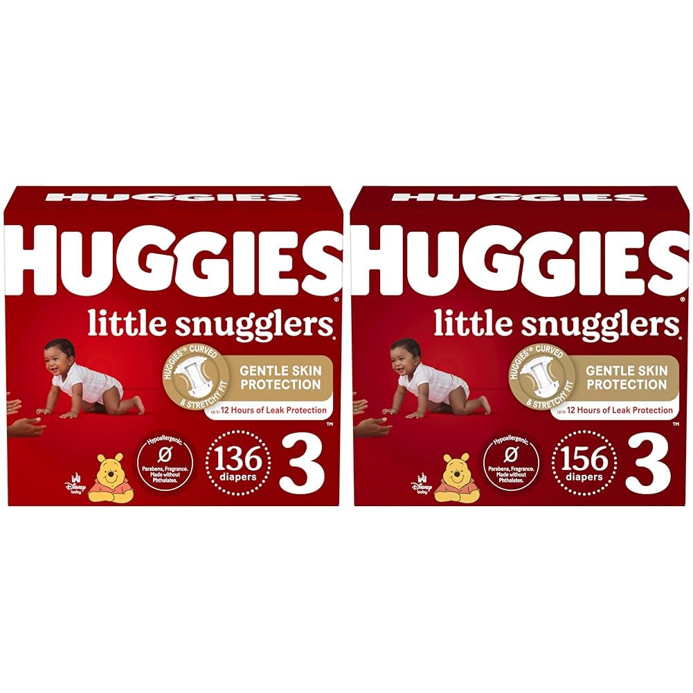 Huggies Little Snugglers Size 3 Disposable Baby Diapers - Mega Pack 136 Count & 156 Count (1 Month Supply) | Ultra Soft, Hypoallergenic for Newborns | Day & Night Protection for Active Babies