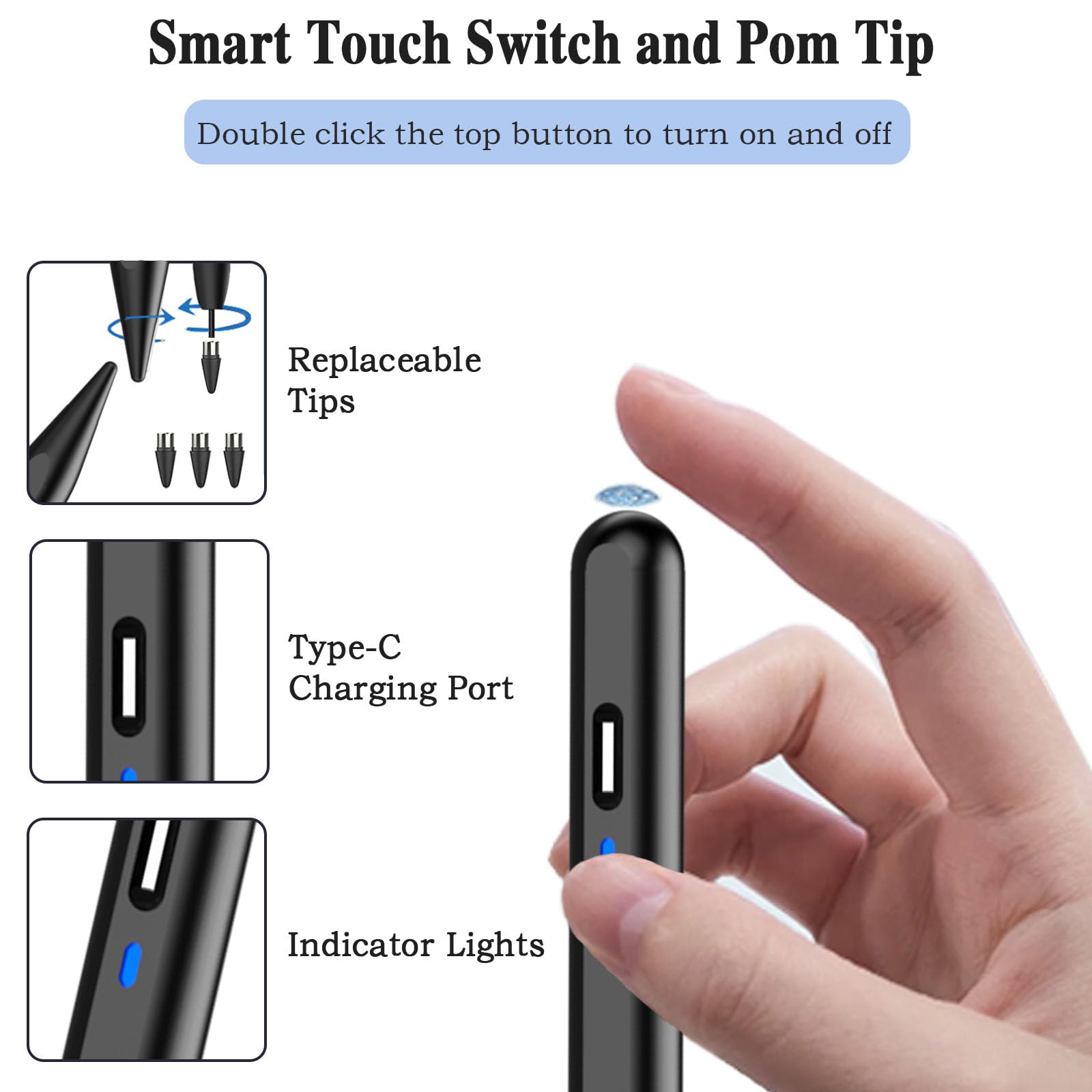 Premium Rechargeable Stylus Pen for iPhone, Samsung, Xiaomi, Huawei, Vivo & Lenovo Tablets - Precision Pom Tip for iOS/Android - Perfect for Note-Taking, Drawing & Digital Art - Black