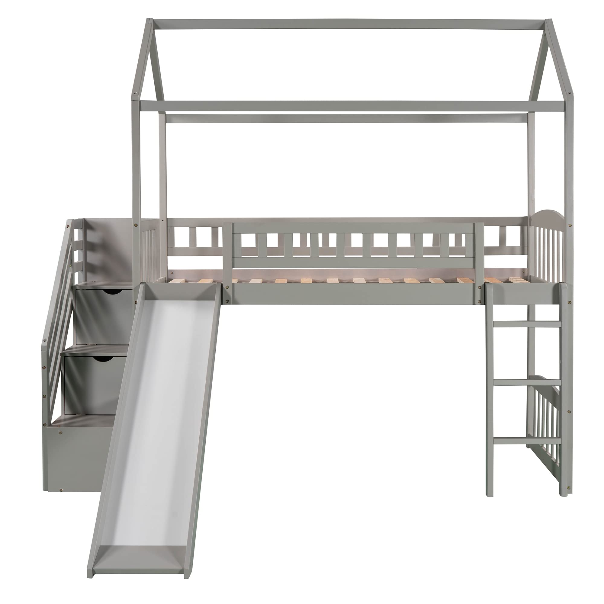 Wooden Twin Loft Bed with Stairs and Slide - Kids Playhouse Bed with Storage Drawers for Boys & Girls - No Box Spring Needed (Twin Size, Gray) - Perfect for Small Bedrooms, Playrooms & Kids' Sleepovers