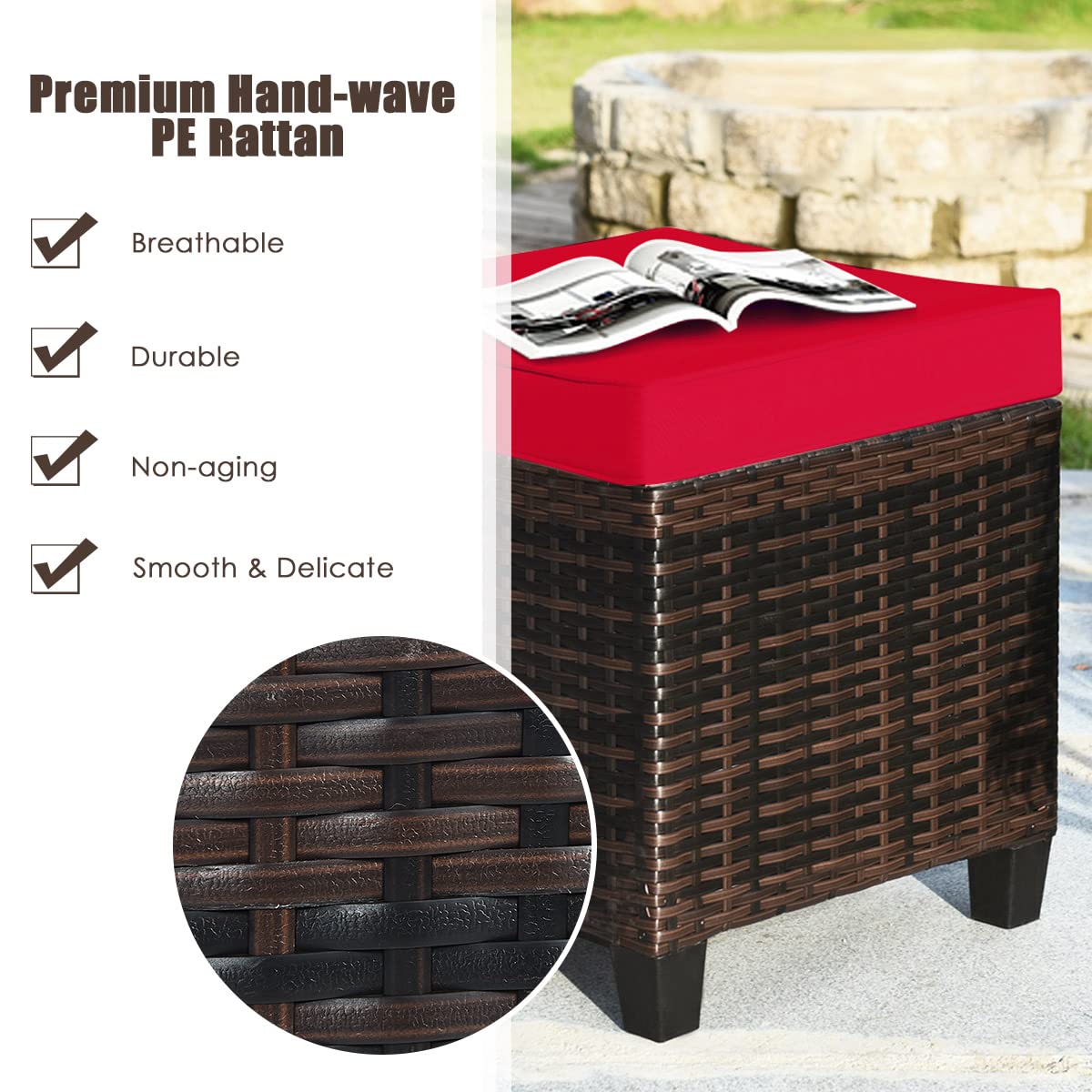 HAPPYGRILL 2-Piece Outdoor Patio Ottoman Set - Rattan Wicker Footstool with Removable Cushions, Durable Patio Furniture for Garden, Poolside, and Deck Relaxation