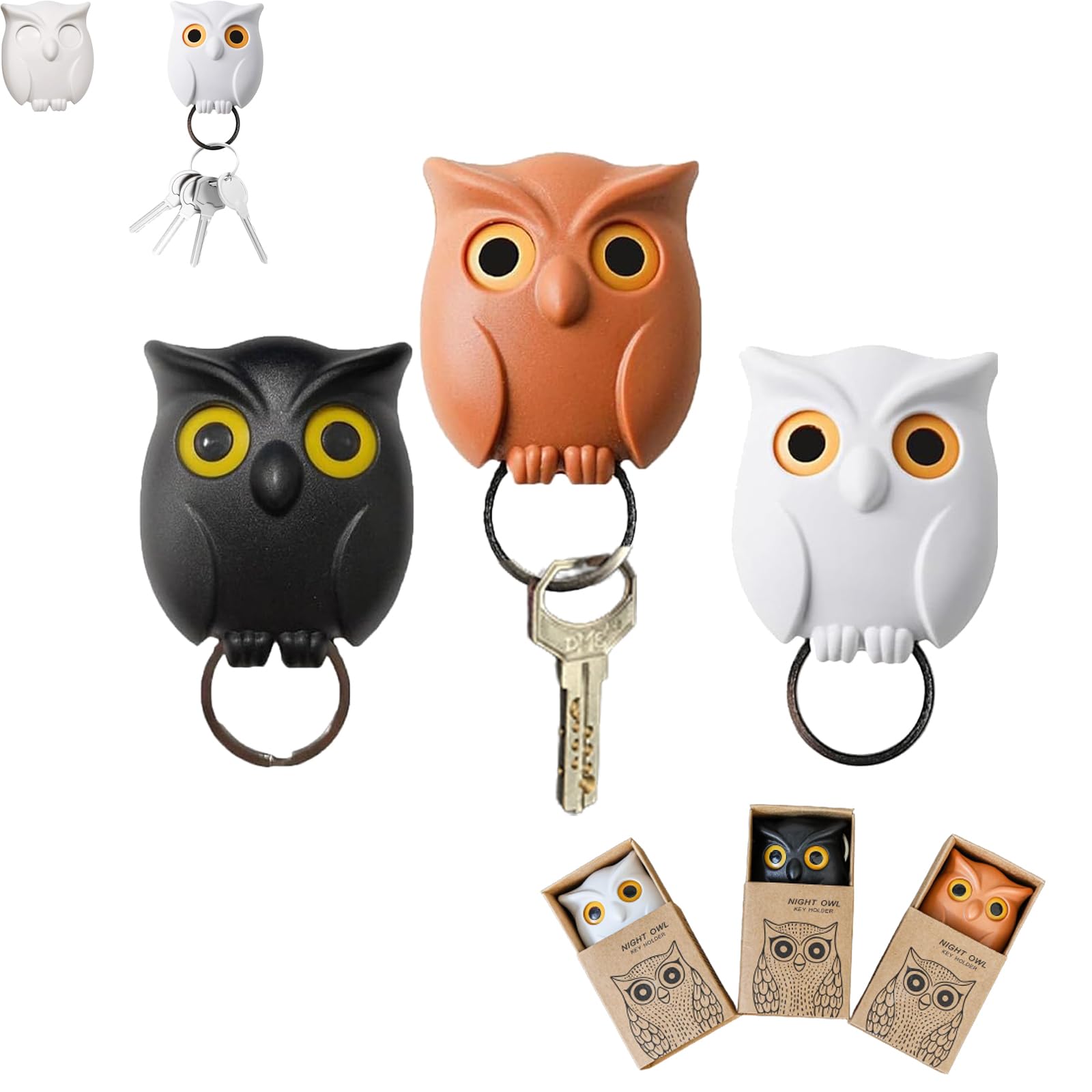 Longluan Owl Key Holder Set - Magnetic Wall Mounted Keychain Organizer with Automatic Open/Close Eyes (3 Pack) - Perfect for Home, Office, and Entryway Organization