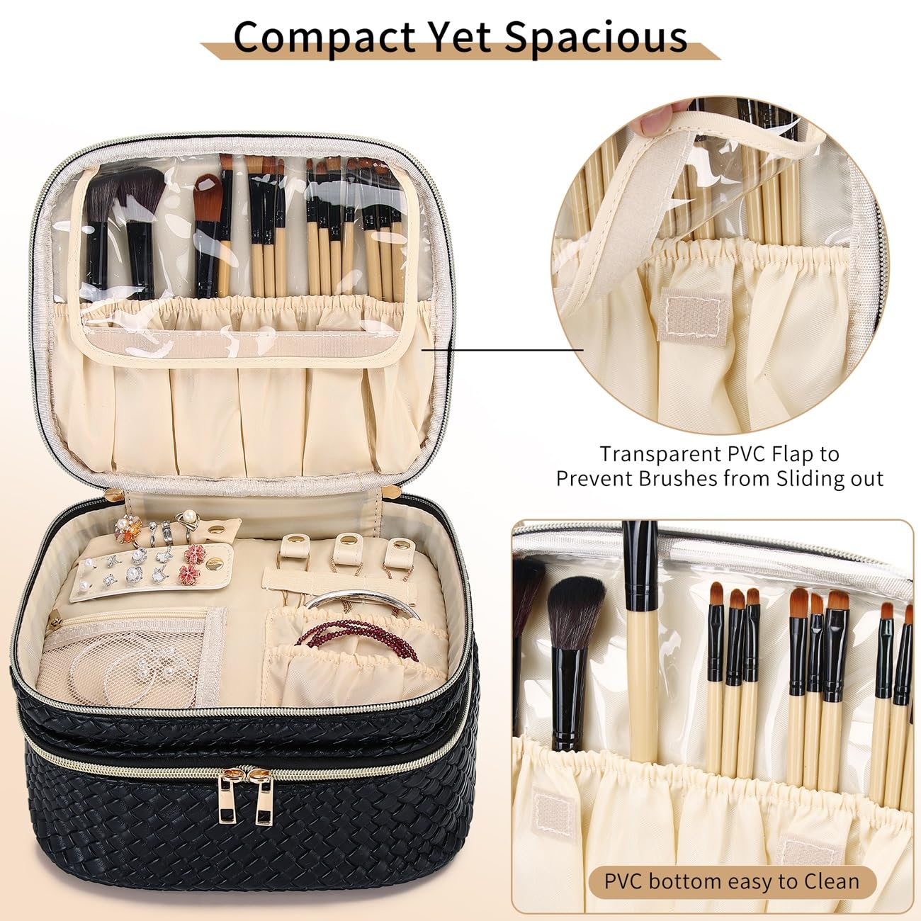 Waterproof Double Layer Travel Makeup Bag for Women with Jewelry Organizer - Large Portable Cosmetic & Toiletry Storage Box (Black) - Perfect for Vacation, Business Trips & Daily Organization