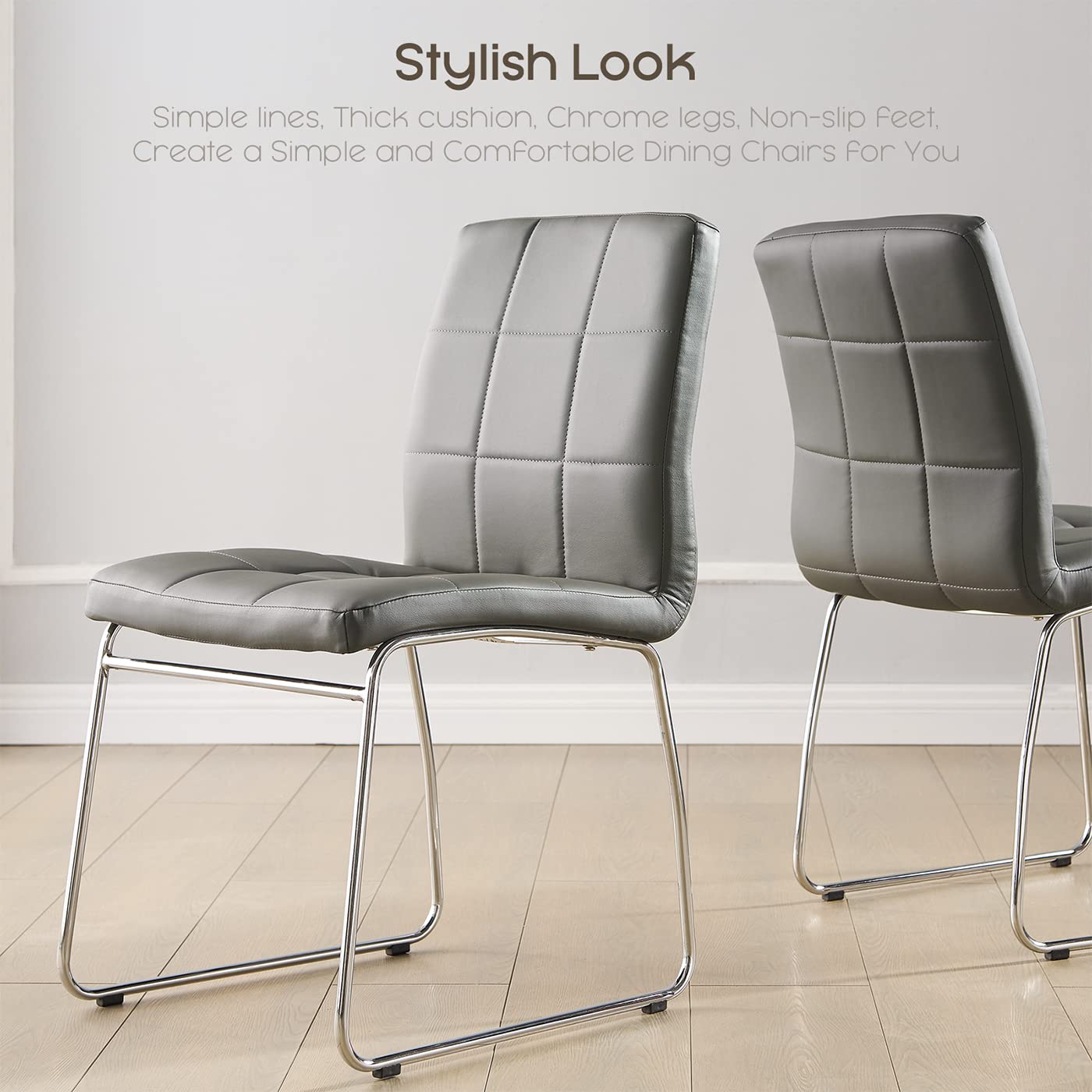 Modern Grey Faux Leather Dining Chairs Set of 2 - Comfortable Kitchen & Dining Room Chairs with Chrome Legs - Perfect for Home, Office, Restaurant & Waiting Areas