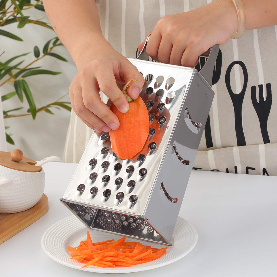 QOBIMOON 4-Sided Stainless Steel Box Grater - 9.2 Inch Large Cheese Grater & Vegetable Slicer for Parmesan, Fruits, Ginger - Perfect for Kitchen, Cooking, Meal Prep & Salad Making (Silver)