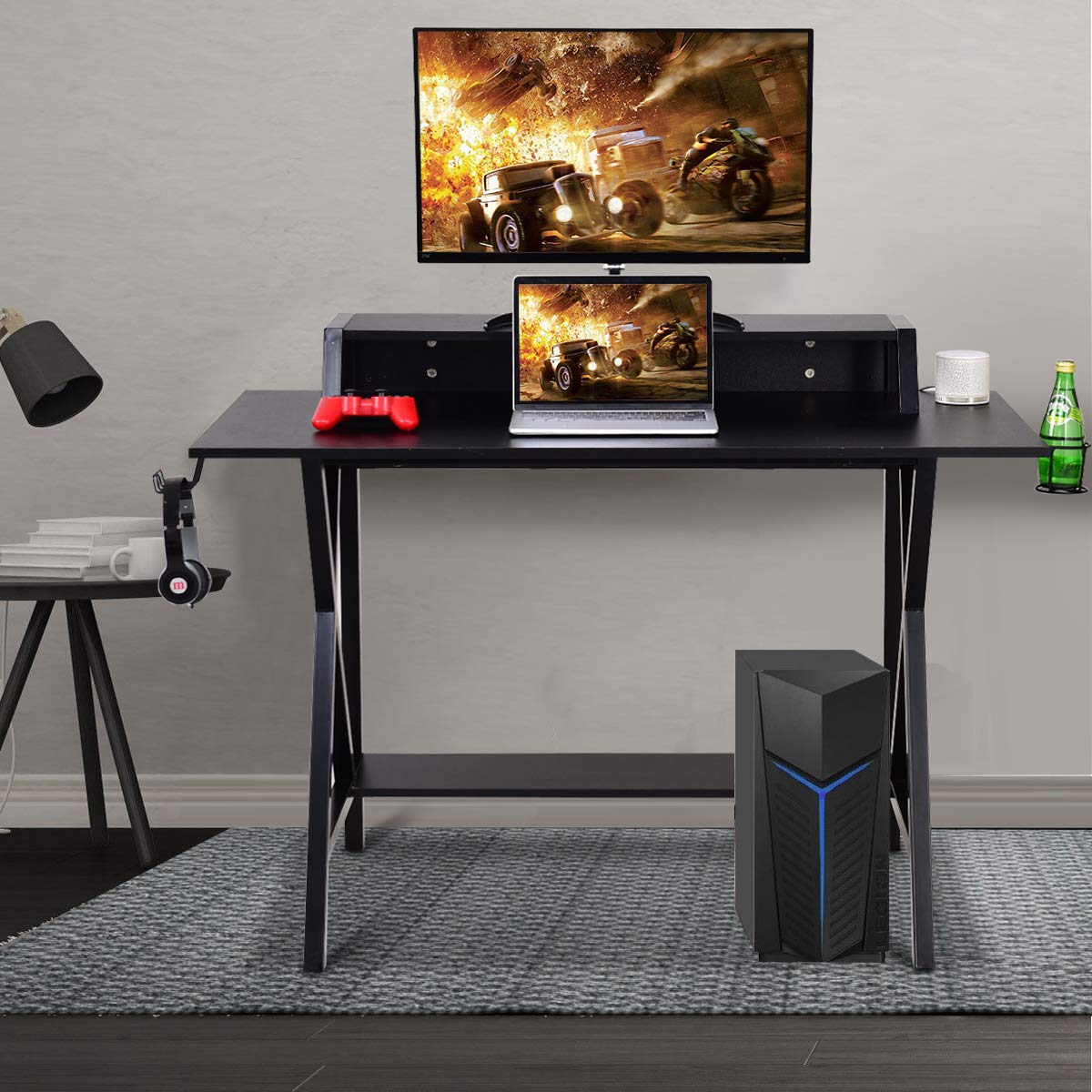 48-inch WATERJOY Gaming Desk - Ergonomic E-Sports Workstation with Headset Hook, Cup Holder & Built-in Power Strip | Perfect for PC Gaming, Streaming & Home Office Setup (Black)