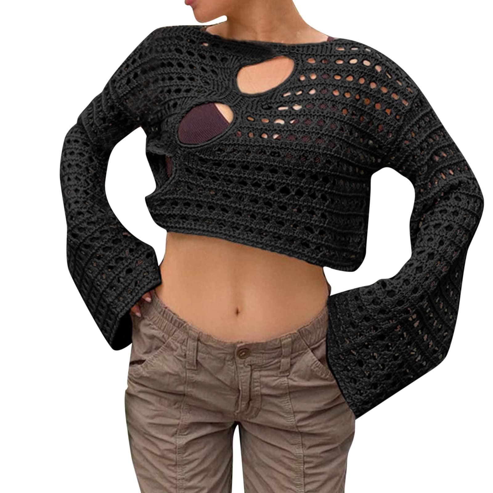 Sexy Hollow Out Crochet Knitted Long Sleeve Fishnet Top for Women - Breathable Cotton Blouse for Date Night & Club Wear