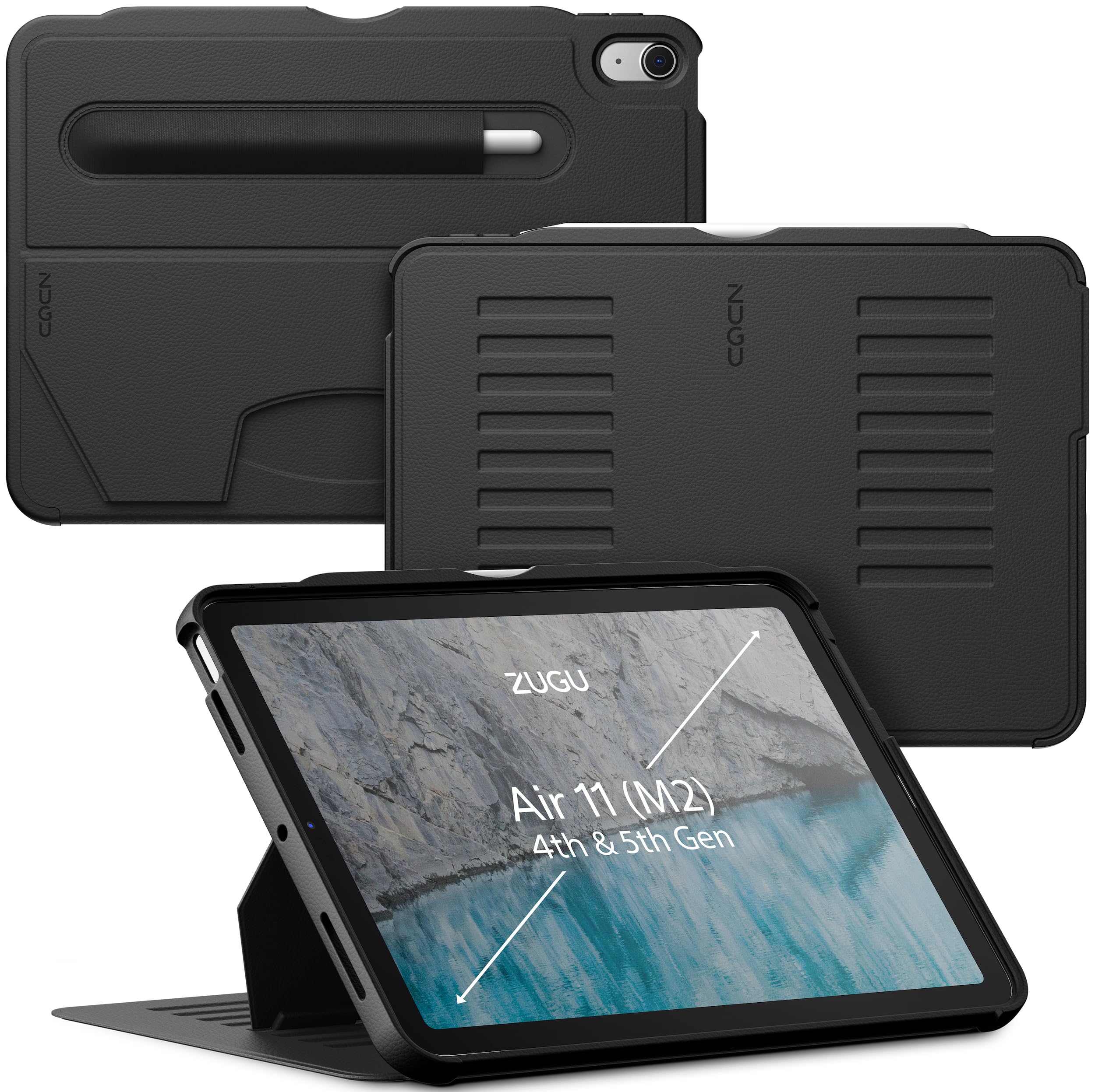 ZUGU Ultra Thin Protective Case for iPad Air 11 (M3 2025 / M2 2024) & iPad Air 4/5 10.9 Inch (2020/2022) - Magnetic Stand Cover with Apple Pencil Charging & Storage - Black | Perfect for Work, Travel & Home Use