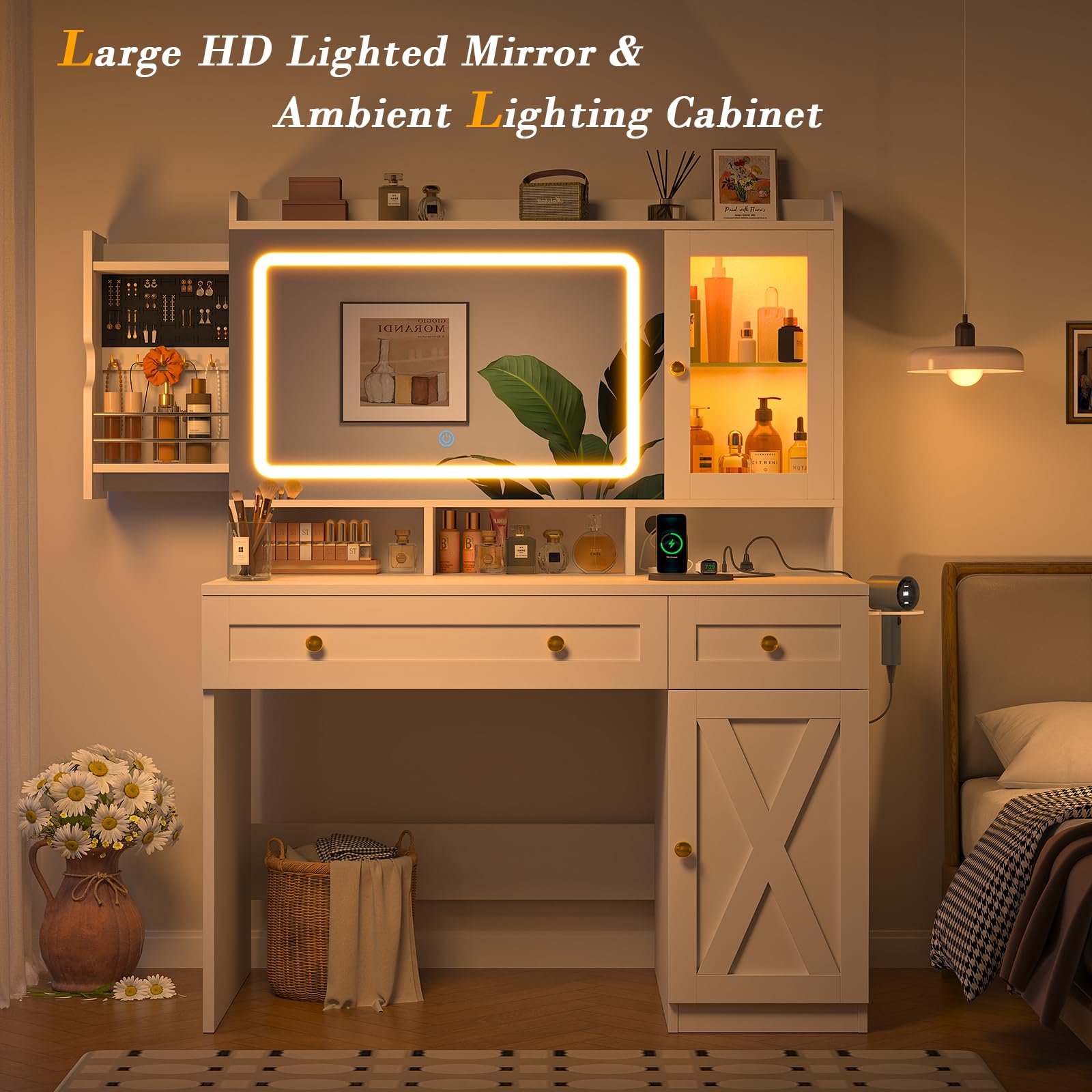 Vanity Desk with Mirror and LED Lights - White Makeup Dressing Table with USB Charging Station, Storage Drawers & Hidden Jewelry Organizer - RGB Color Changing Cabinets - 3 Lighting Modes for Bedroom Makeup & Beauty Routine