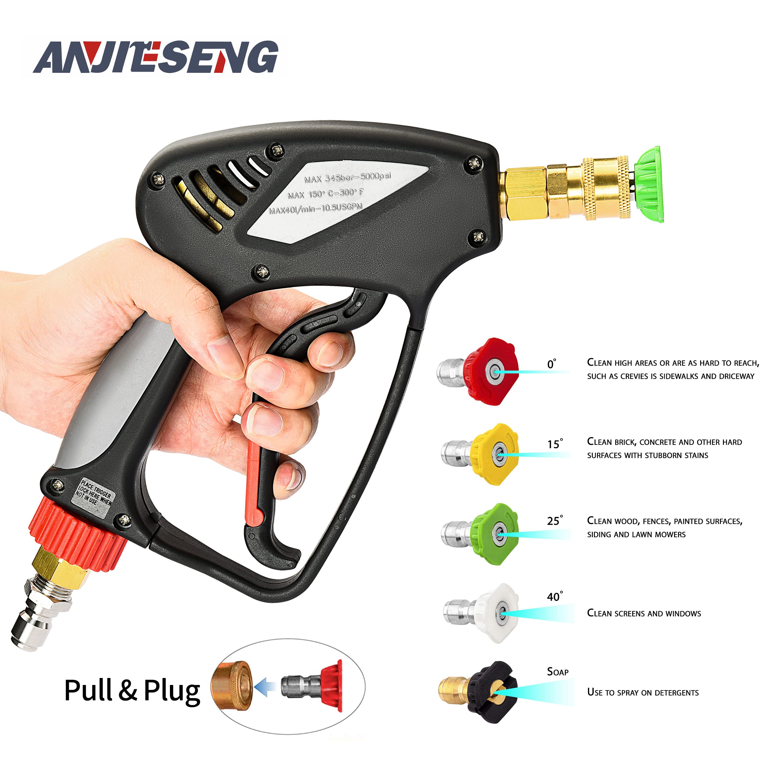 High-Performance 5000 PSI 10.5 GPM Pressure Washer Gun with 360° Swivel, 3/8