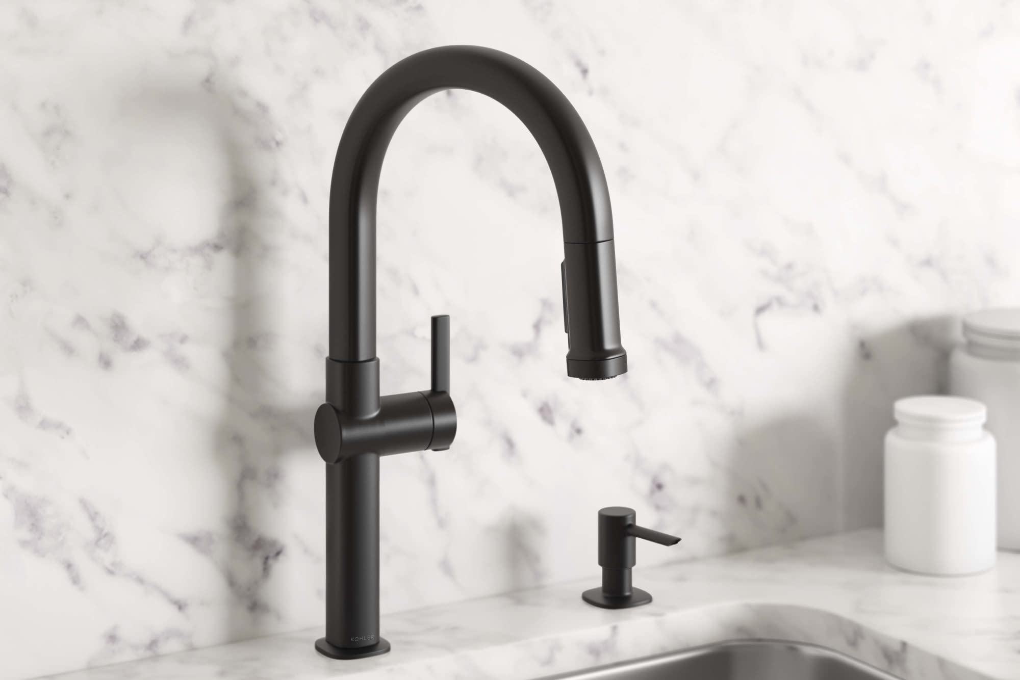 Kohler R22153-SD-BL Rune Single Handle Pull Down Sprayer Kitchen Faucet with Soap Dispenser, Matte Black - Modern Water Saving Design for Home & Restaurant Use