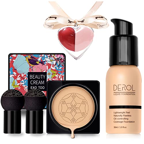 Mushroom Head Air Cushion CC Cream & Full Coverage Liquid Foundation - Natural #102 | Flawless Concealer Makeup Set with 2 Mushroom Sponges & 2 Beauty Blenders | Perfect for Daily Wear, Special Occasions & On-The-Go Touch Ups | Gift for Women, Girls & Teens