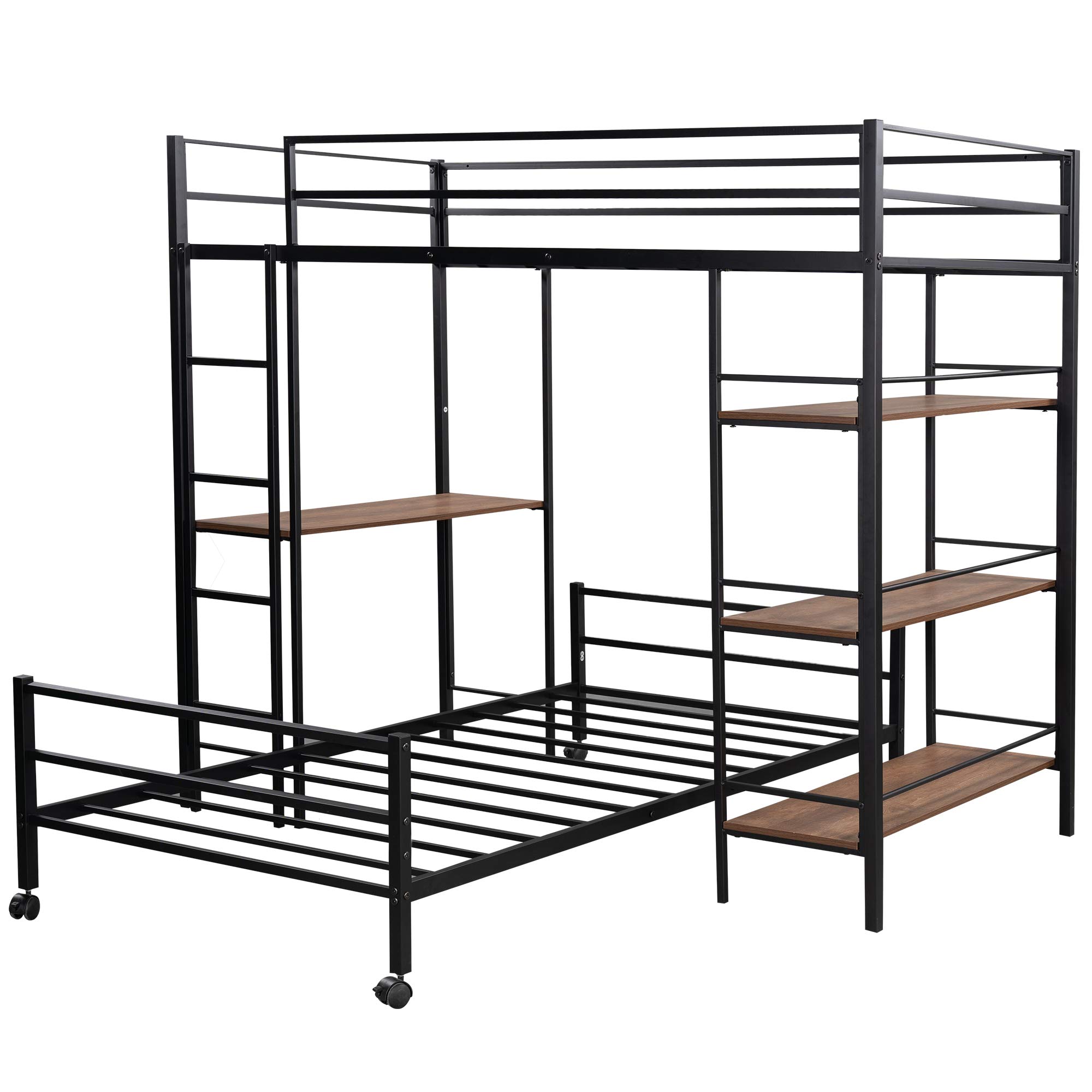 Steel Frame Twin Over Twin Bunk Bed with Shelves - Space-Saving Metal Loft Bed with Built-in Desk & 3-Tier Storage Shelf | Perfect for Kids' Rooms, Dormitories & Small Apartments