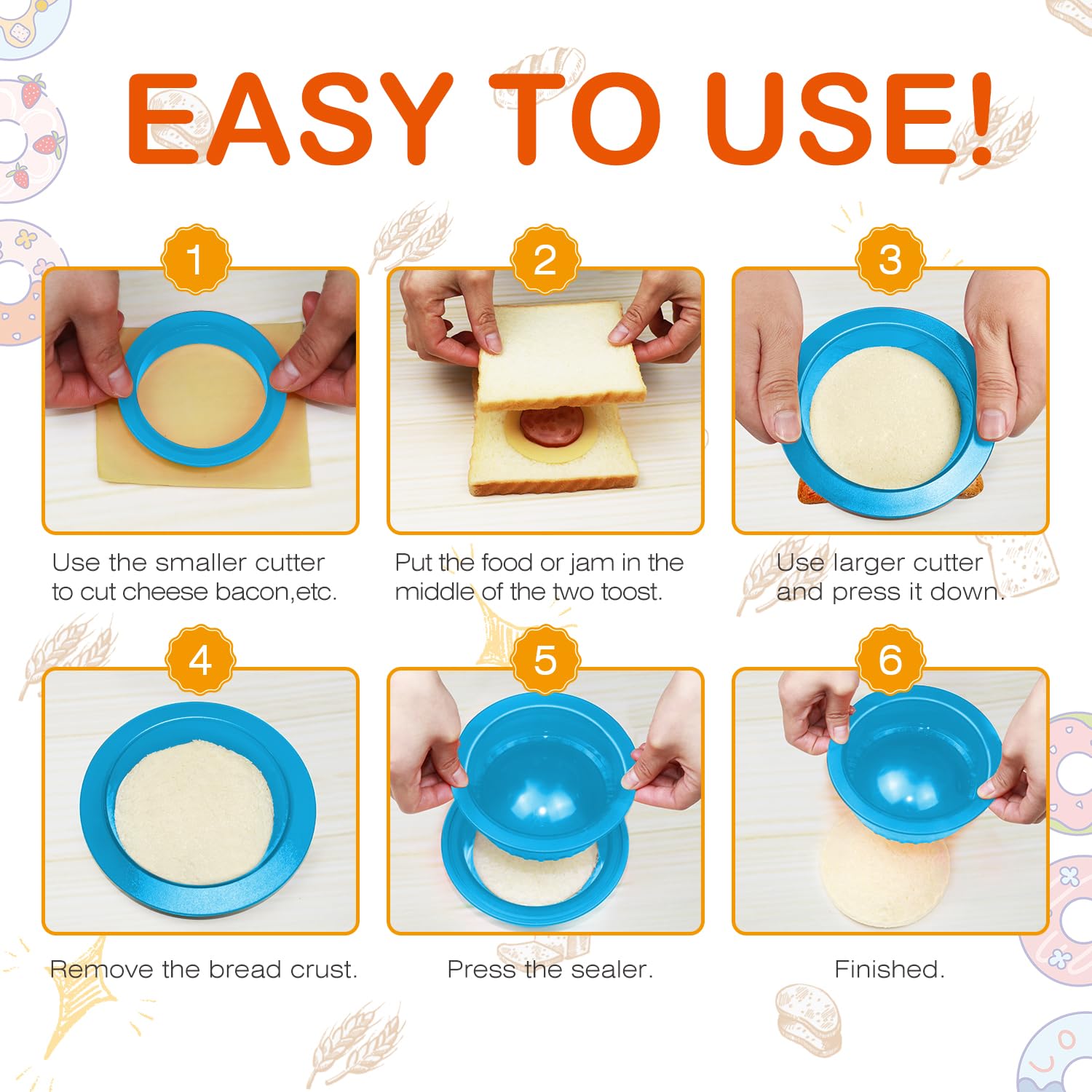 HiYZ 5-Piece Sandwich Cutter and Sealer Set - Crustless Sandwich Maker for Peanut Butter, Jelly, Bread, Pancakes & Cookies - Includes Round Blue Cutter and Fruit Picks - Perfect for School Lunches, Picnics and Kids Snacks