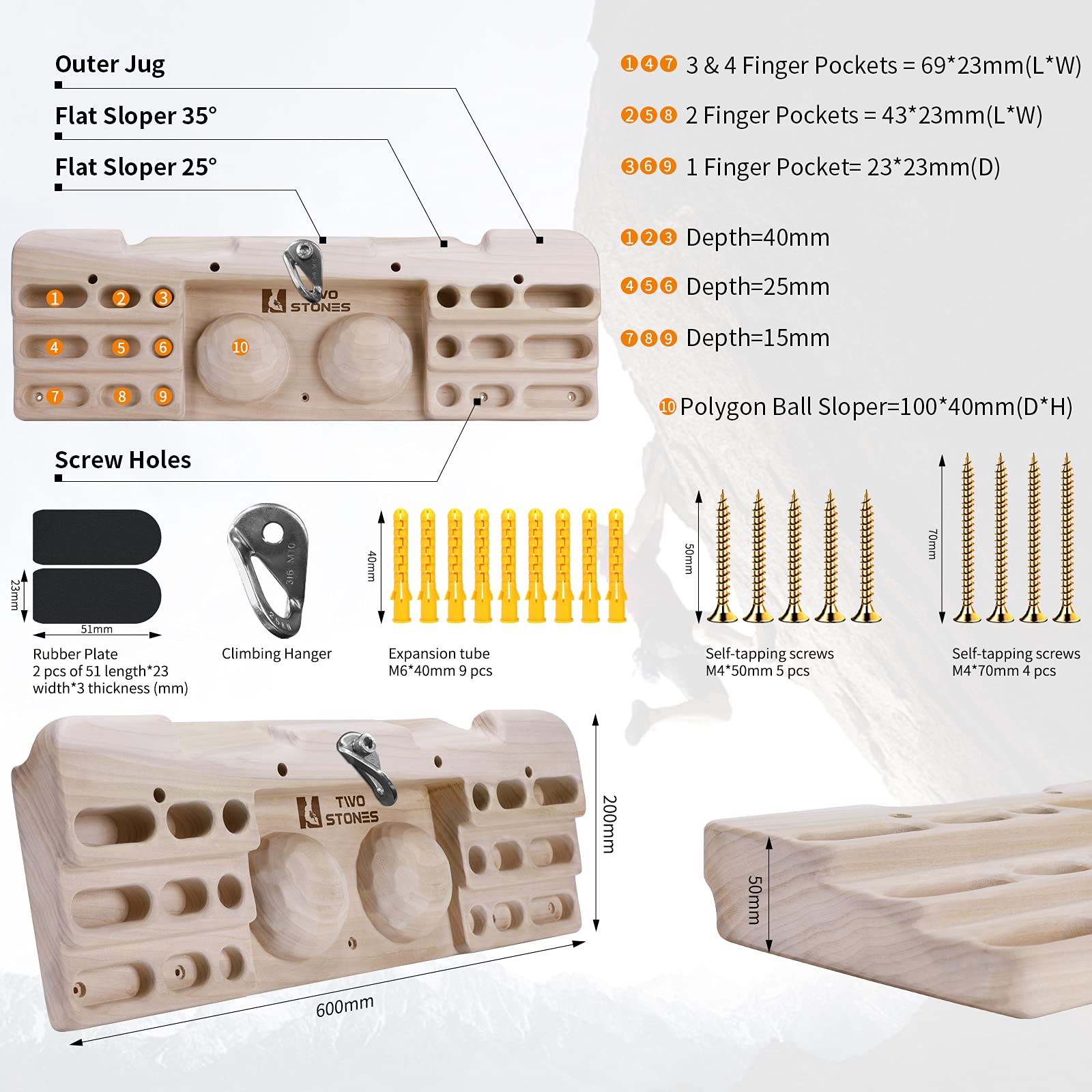 Two Stones Rock Climbing Hangboard - Fingerboard Training for Climbers | Doorway Mount Hangboard with Rock Climbing Holds | Perfect for Bouldering & Strength Training | Great Gift for Rock Climbers (Home Gym & Indoor Climbing Training)