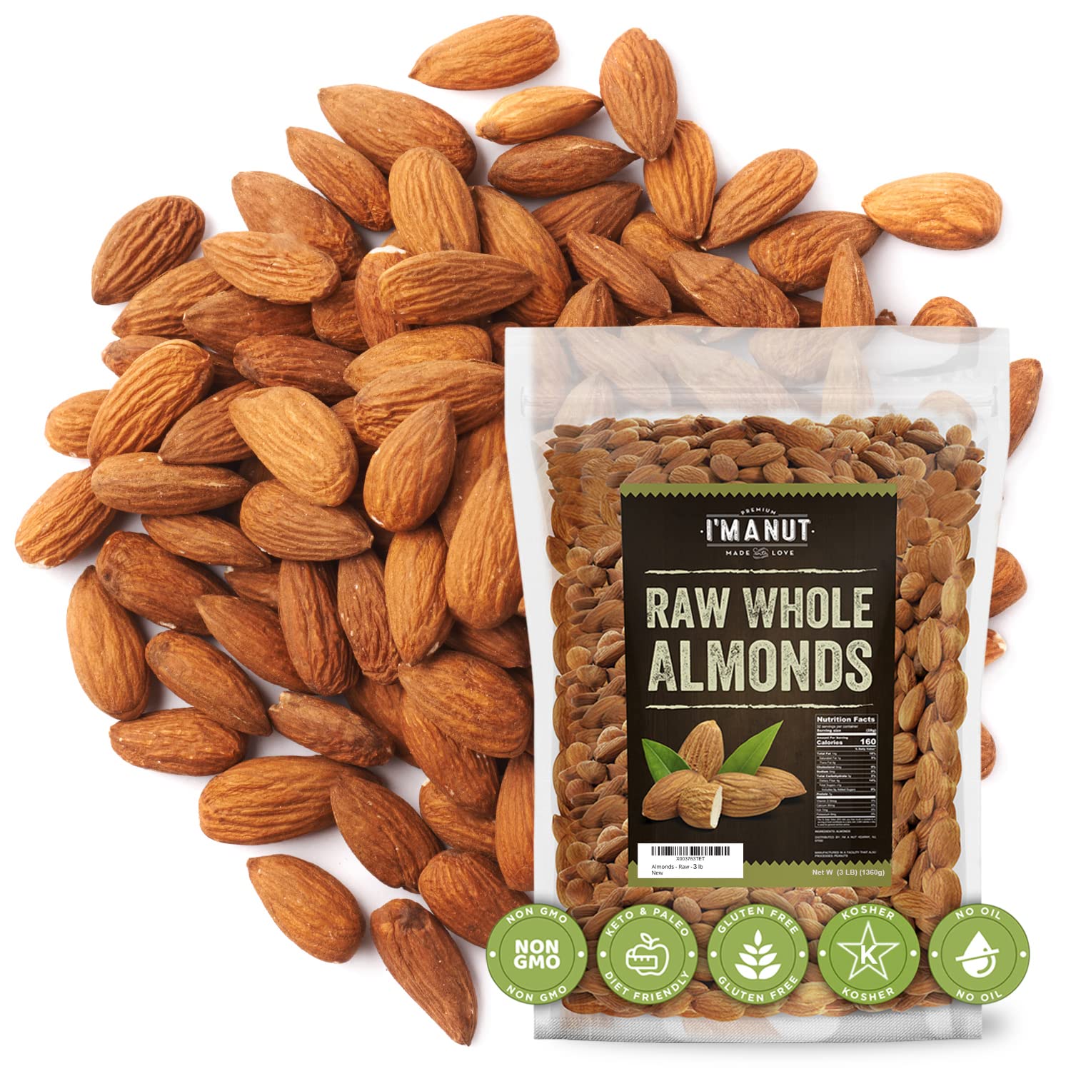 Organic Raw Almonds 48 oz (3 lb) – Natural Whole, Non-GMO, Gluten-Free, Peanut-Free, No PPO or Herbicides | High Protein Snack for Energy & Weight Loss | Perfect for Baking, Salads, Trail Mix & Healthy Snacking
