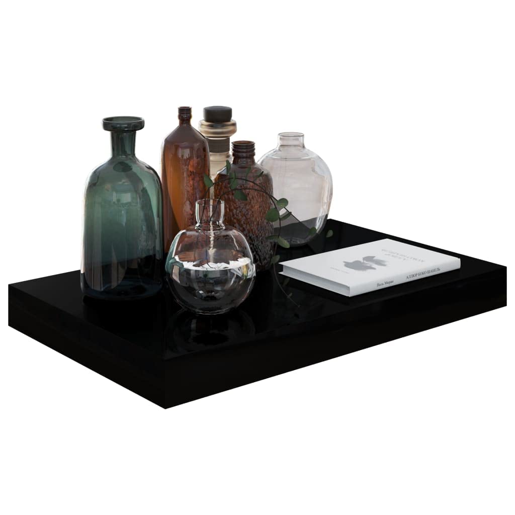 CHARMMA Floating Shelves Set of 4 - 15.7x9.1x1.5 Inch Wall Mounted Shelves for Home Decor, Rustic Wood Style MDF Shelves with High Gloss Black Finish - Perfect for Bedroom, Bathroom, Living Room, Kitchen & Laundry Room Storage & Display