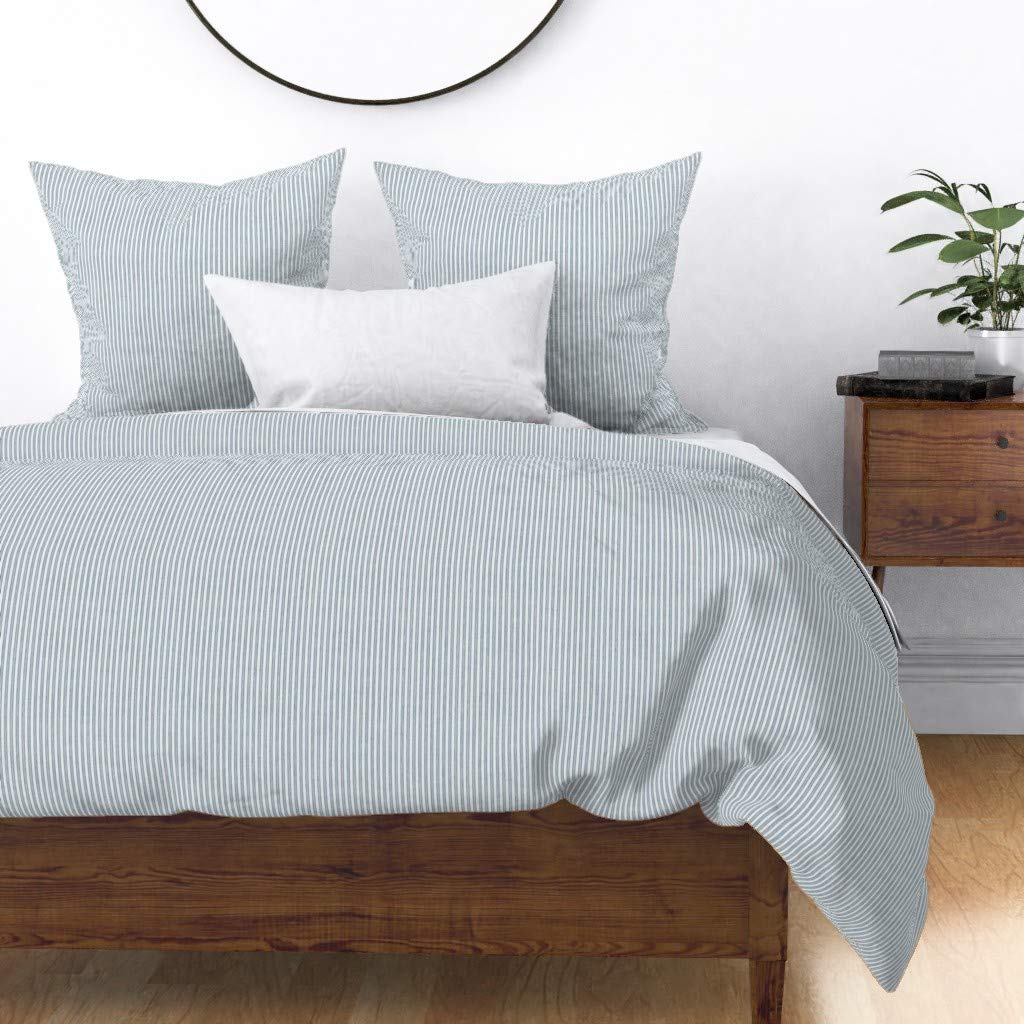 Custom Spoonflower Cotton Sateen Duvet Cover King/California King - Vintage Blue French Stripe Pinstripe Design for Rustic Cottage Bedroom Decor | Perfect for Master Bedroom, Guest Room & Farmhouse Style Homes