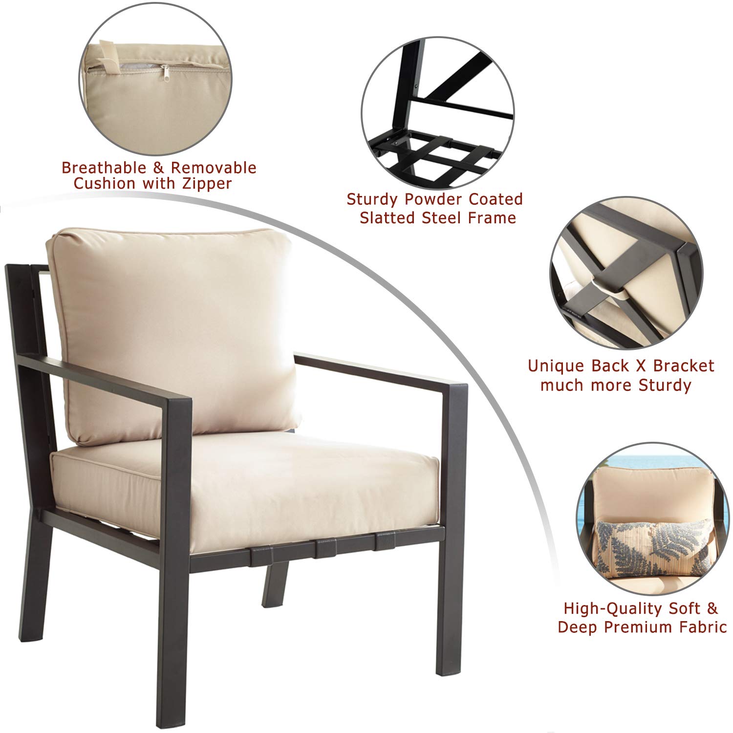 **Festival Depot Outdoor Patio Dining Armchair - All-Weather Metal Frame with Thick Cushions - Perfect for Bistro, Garden, Poolside & Backyard - 28.3
