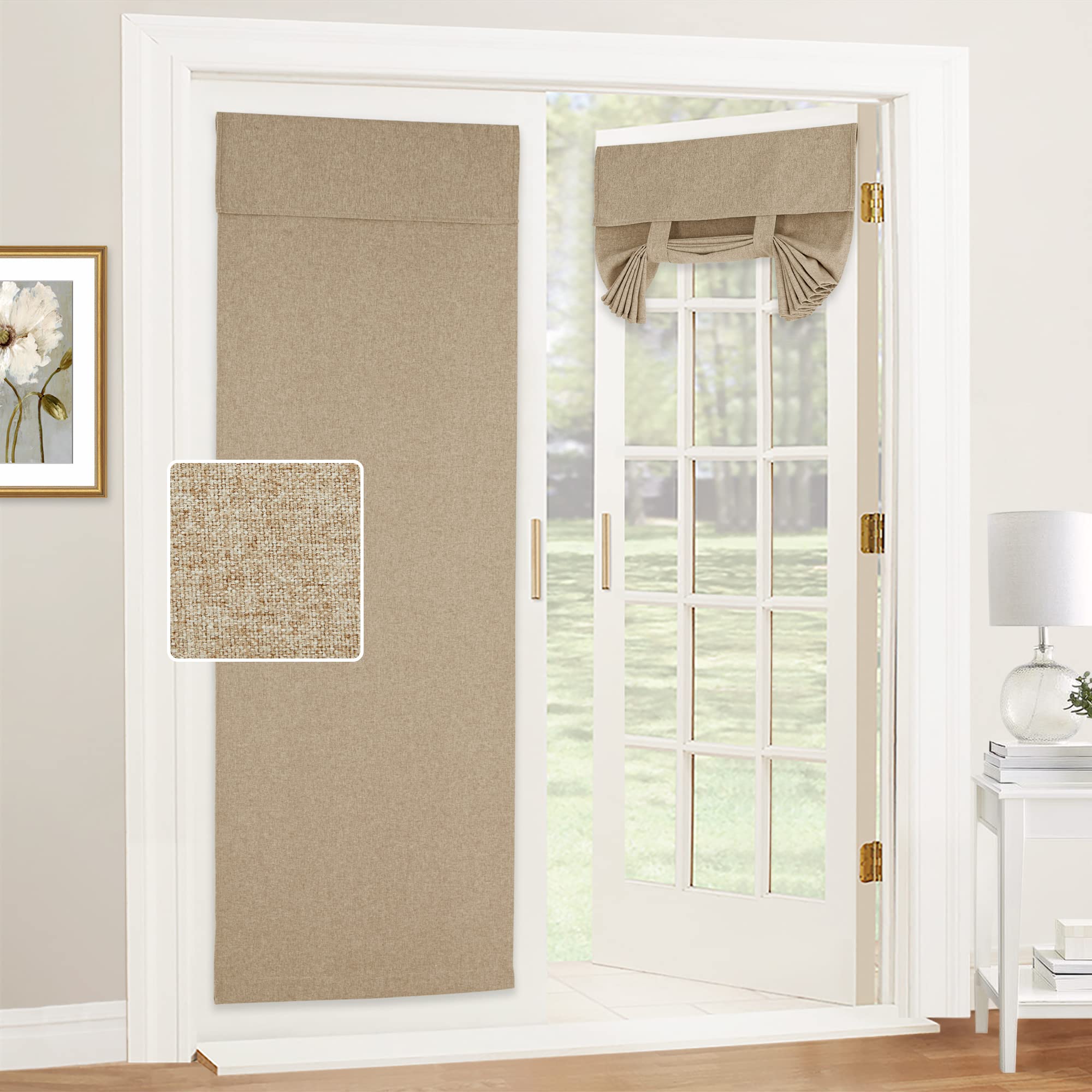 RYB HOME Thermal Insulated Room Darkening Door Curtains - Linen Blended Farmhouse Style for French/Double Glass Doors - 26x69 Inches, Mocha (1 Panel) - Perfect for Bedrooms, Living Rooms & Home Offices - Blocks Light & Ensures Privacy