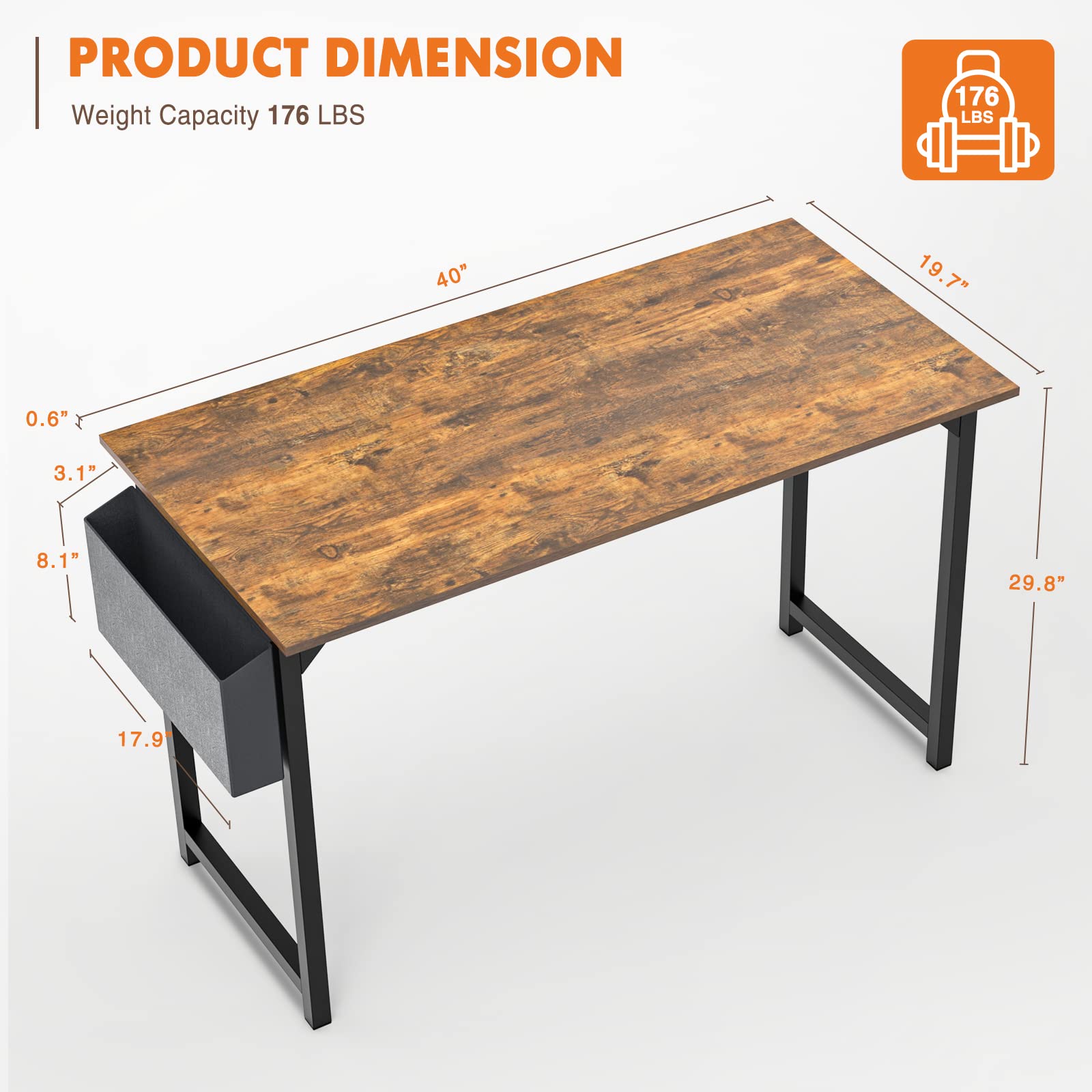 Compact 40 Inch Small Computer Desk for Home Office - Modern Simple Writing Desk with Storage Bag & Headphone Hook, Wooden Tabletop & Metal Frame - Perfect for Small Spaces, Bedroom Study, Remote Work & Online Classes