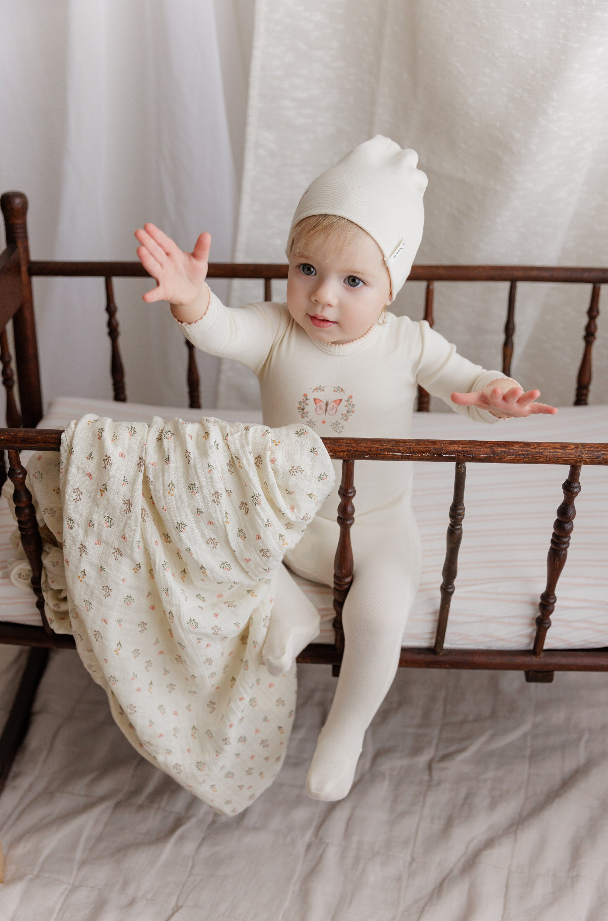 Ely's & Co Floral Ivory Baby Girl Footie Pajamas and Beanie Set - Soft and Cozy for Nursery, Photo Shoots, and Newborn Gifts