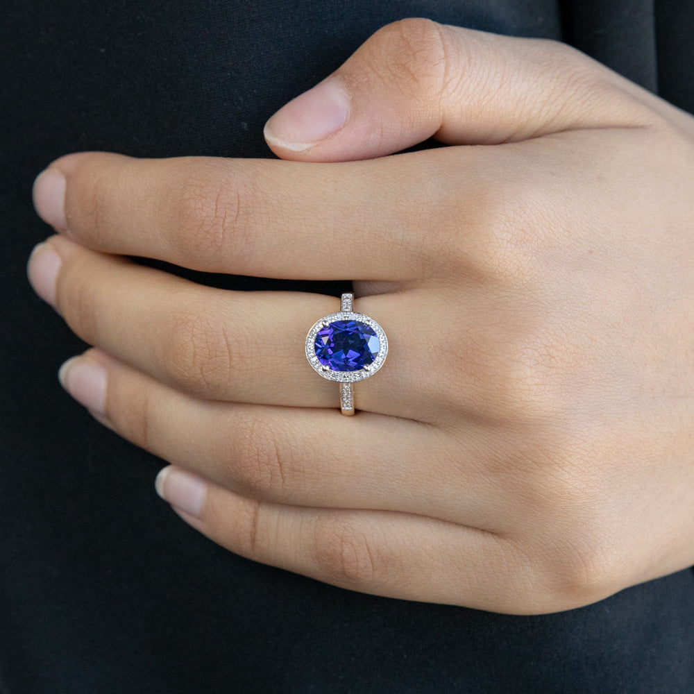 9ct Gold Created Sapphire & Diamond Ring for Women - Elegant Engagement, Wedding & Anniversary Jewelry Gift