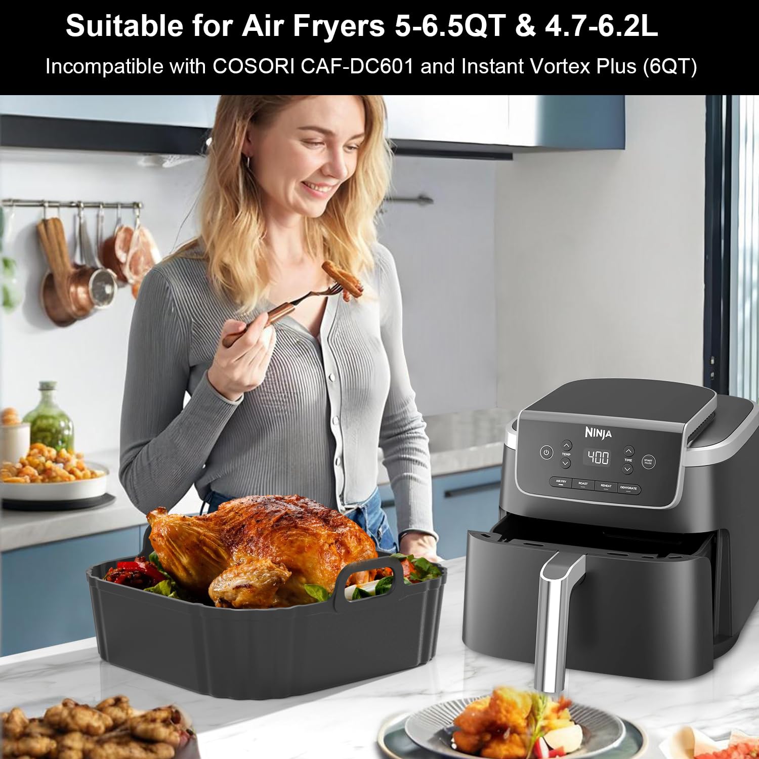 Square Silicone Air Fryer Liners 2 Pack - 8.5 Inch Non-Stick Reusable Basket Liners Compatible with Ninja AF141/181 & COSORI 5-6.5 QT Air Fryers | Perfect for Healthy Frying, Roasting, and Baking | Dishwasher Safe Air Fryer Accessories