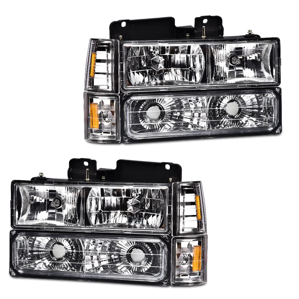 GRAND ORANGE GMC Sierra C/K Yukon 1500 2500 Headlight Assembly (1994-1998) - Compatible with Chevy C/K C10 Suburban - Chrome Bumper Lights, Headlights & Signal Corner Lamps (8-Piece Set) - Perfect for Off-Roading, Night Driving & Vehicle Restoration