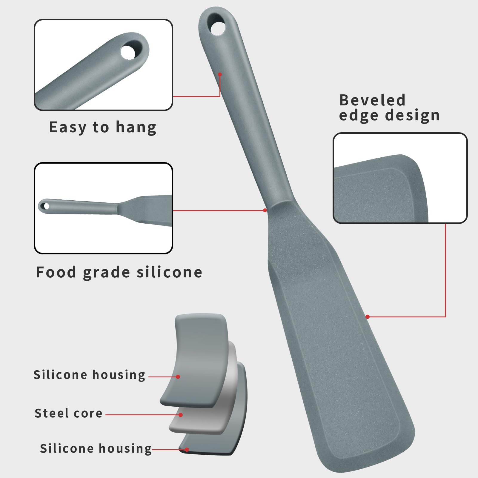 Heat-Resistant Silicone Spatula Set - 2-Piece Non-Stick BPA-Free Pancake Turner for Crepes, Omelettes, Burgers & Pizza - Perfect for Baking, Flipping & Serving (Grey)