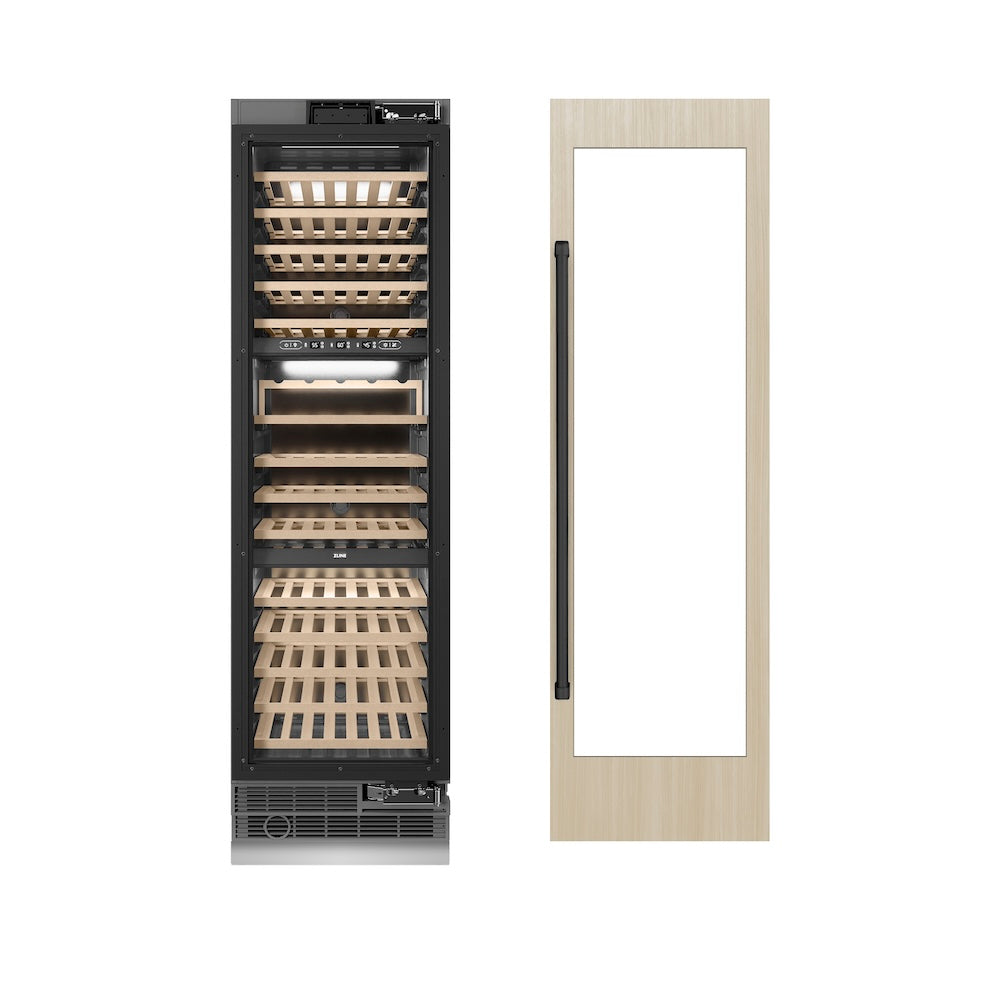 ZLINE Autograph Edition 24 Inch 12.4 cu ft Triple Zone 100 Bottle Panel Ready Column Wine Cooler with Matte Black Accents - Perfect for Home Bars, Restaurants, and Wine Cellars (RBCWVZ 24 MB)