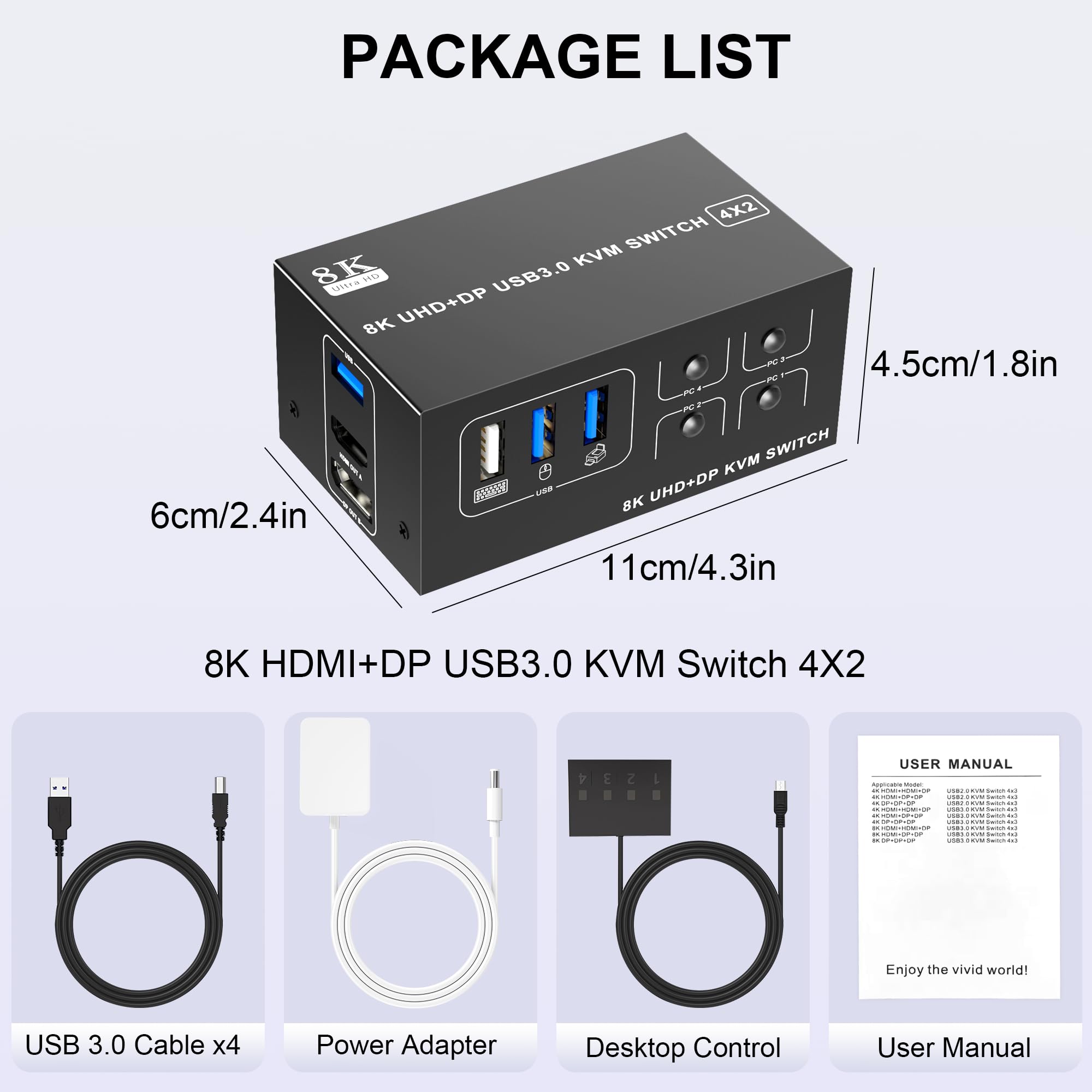 8K@60Hz 4-Port USB KVM Switch with Dual Monitor Support (DP1.4 + HDMI2.1) - Connect 4 Computers to 2 Monitors - 5Gbps High-Speed Data Transfer for Home Office & Gaming Setup