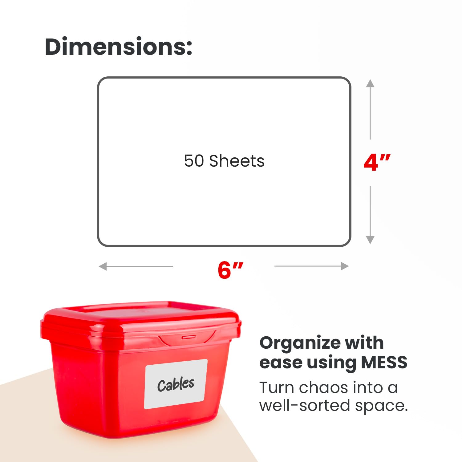 MESS Large 6x4 Inch Storage Bin Labels - 50 Pack, Removable Pantry & Moving Box Labels for Organizing - Perfect for Craft Room, Kitchen, Garage & Closet Organization