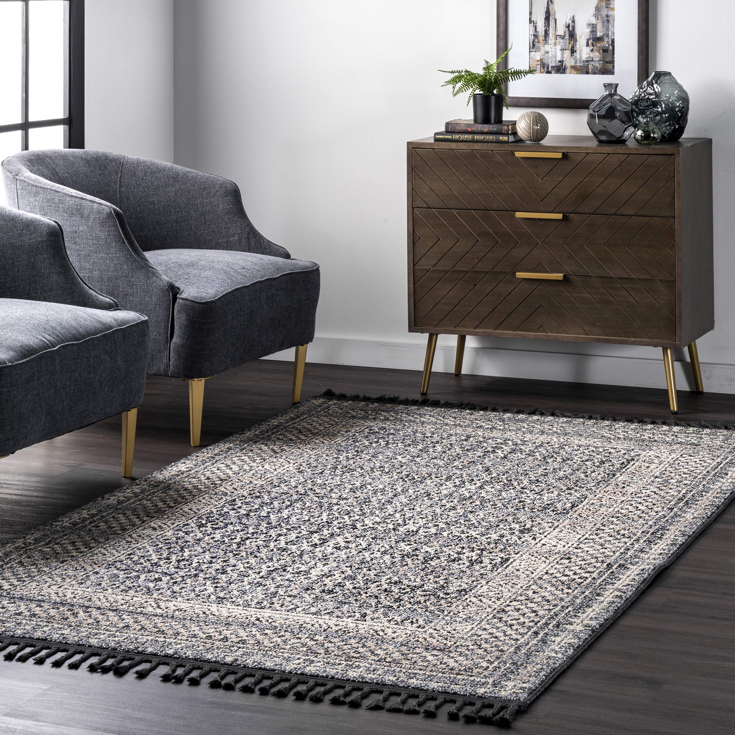 nuLOOM Claudia Diamond Tassel Accent Rug 2x4 Grey - Bohemian Chic Home Decor for Living Room, Bedroom & Entryway