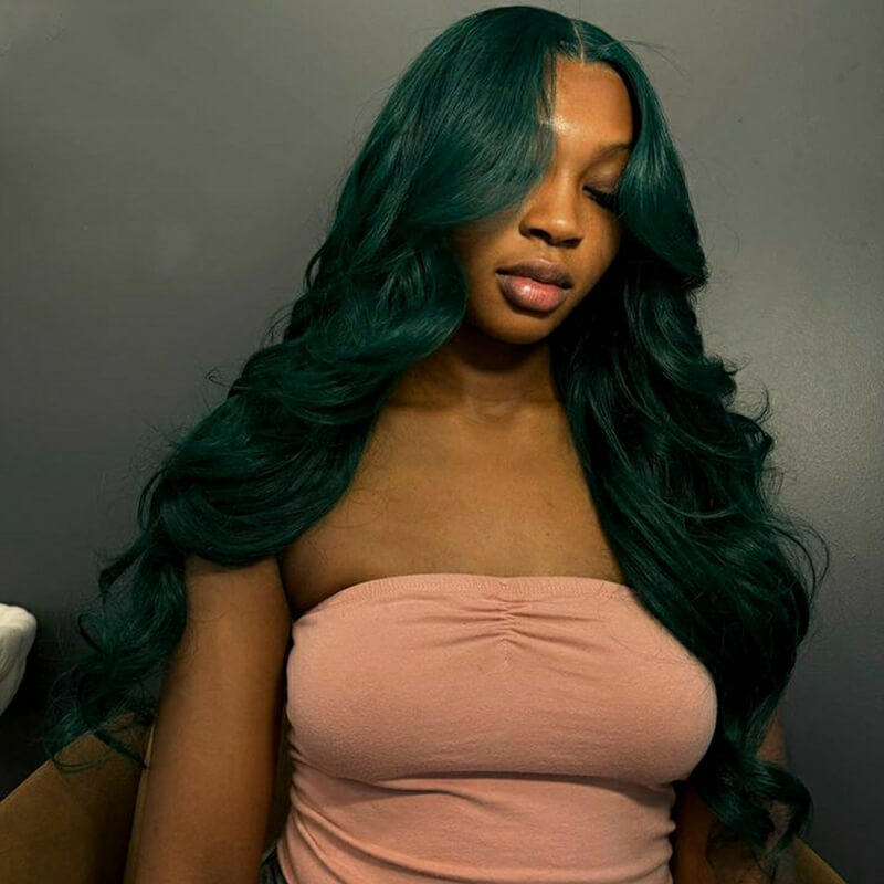 Eullair Dark Green Body Wave Glueless Human Hair Lace Front Wig with Layered Curtain Bangs for Women - Perfect for Cosplay, Parties & Daily Styling