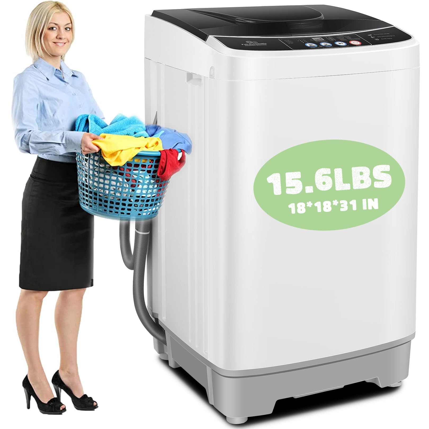 Nictemaw 15.6Lbs Full-Automatic Portable Washer and Dryer Combo with Drain Pump - 2.1Cu.ft Compact Laundry Machine, 10 Wash Programs & 8 Water Levels for Apartments, Dorms, RVs - Perfect for Small Spaces, Travel & Off-Grid Living