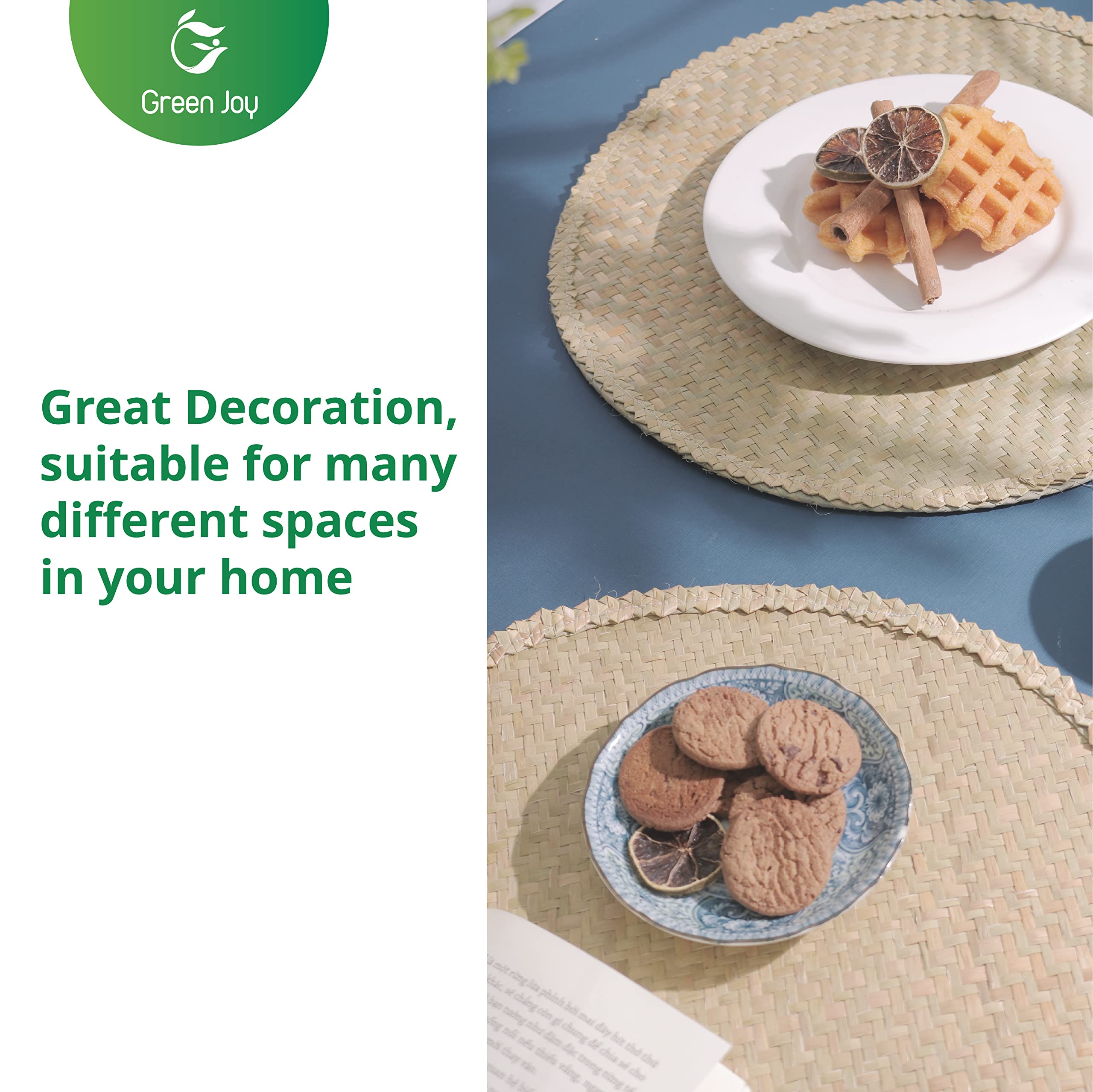 Handwoven Round Grass Placemats Set of 4 - 14.6 Inch Heat Resistant & Non-Slip Braided Table Mats - Natural Farmhouse Style for Dining Table, Kitchen Decor - Perfect for Everyday Meals, Dinner Parties and Rustic Home Decor