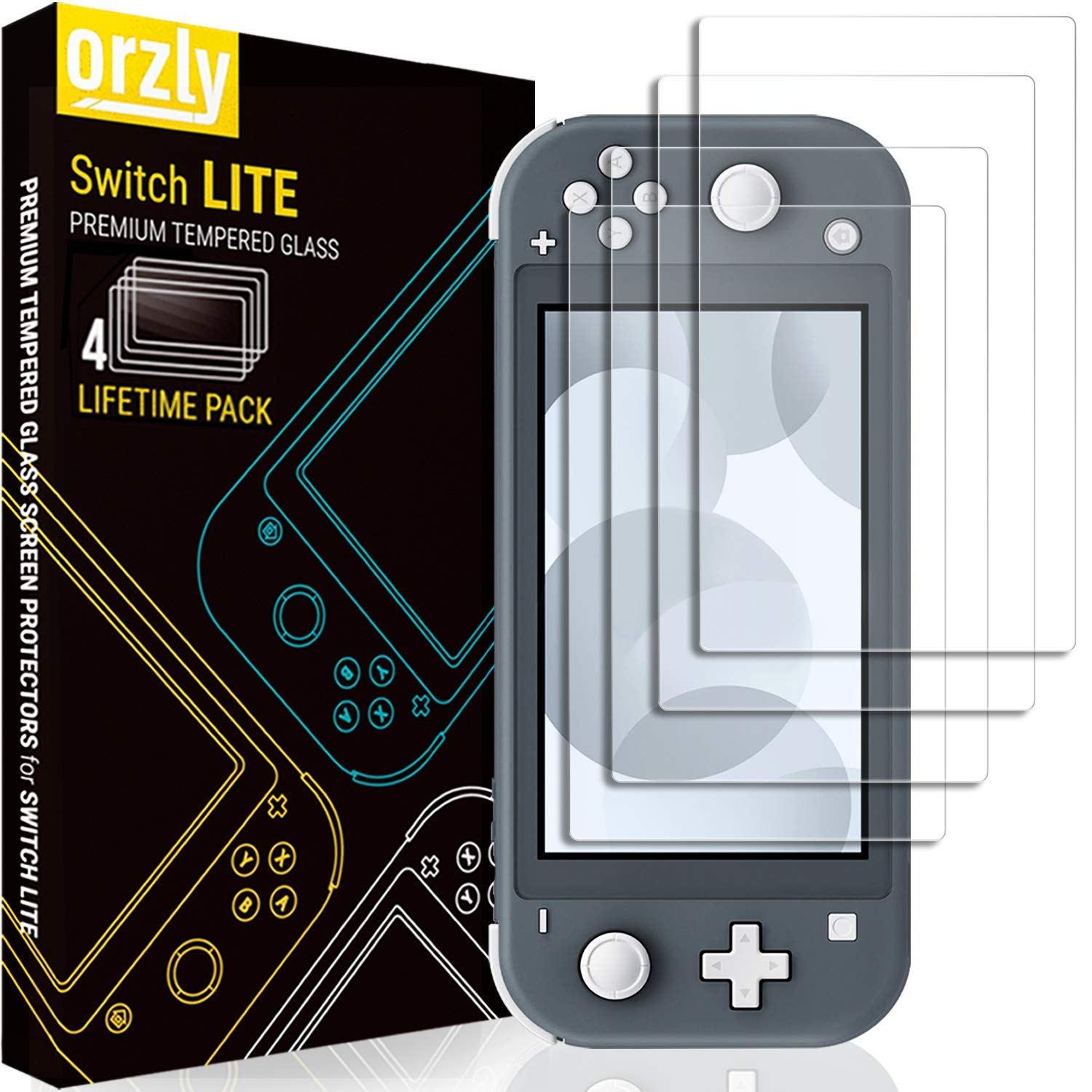 Orzly Tempered Glass Screen Protector for Nintendo Switch Lite (2019 Model) - 4 Pack Anti-Scratch, Bubble-Free, Easy Installation - Perfect for Gaming Protection & Travel Use