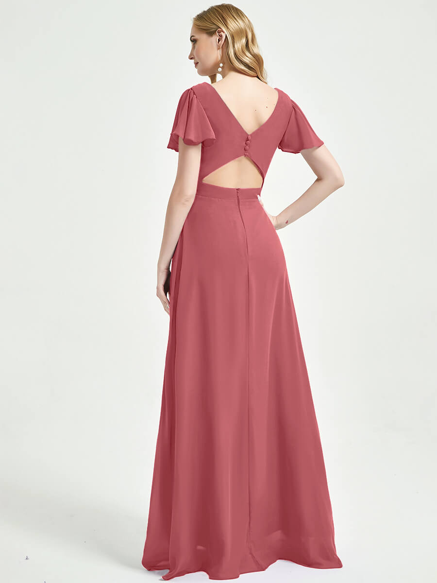 Elegant Desert Rose Ruffle Sleeve Backless Maxi Chiffon Bridesmaid Dress for Wedding, Formal Events & Special Occasions