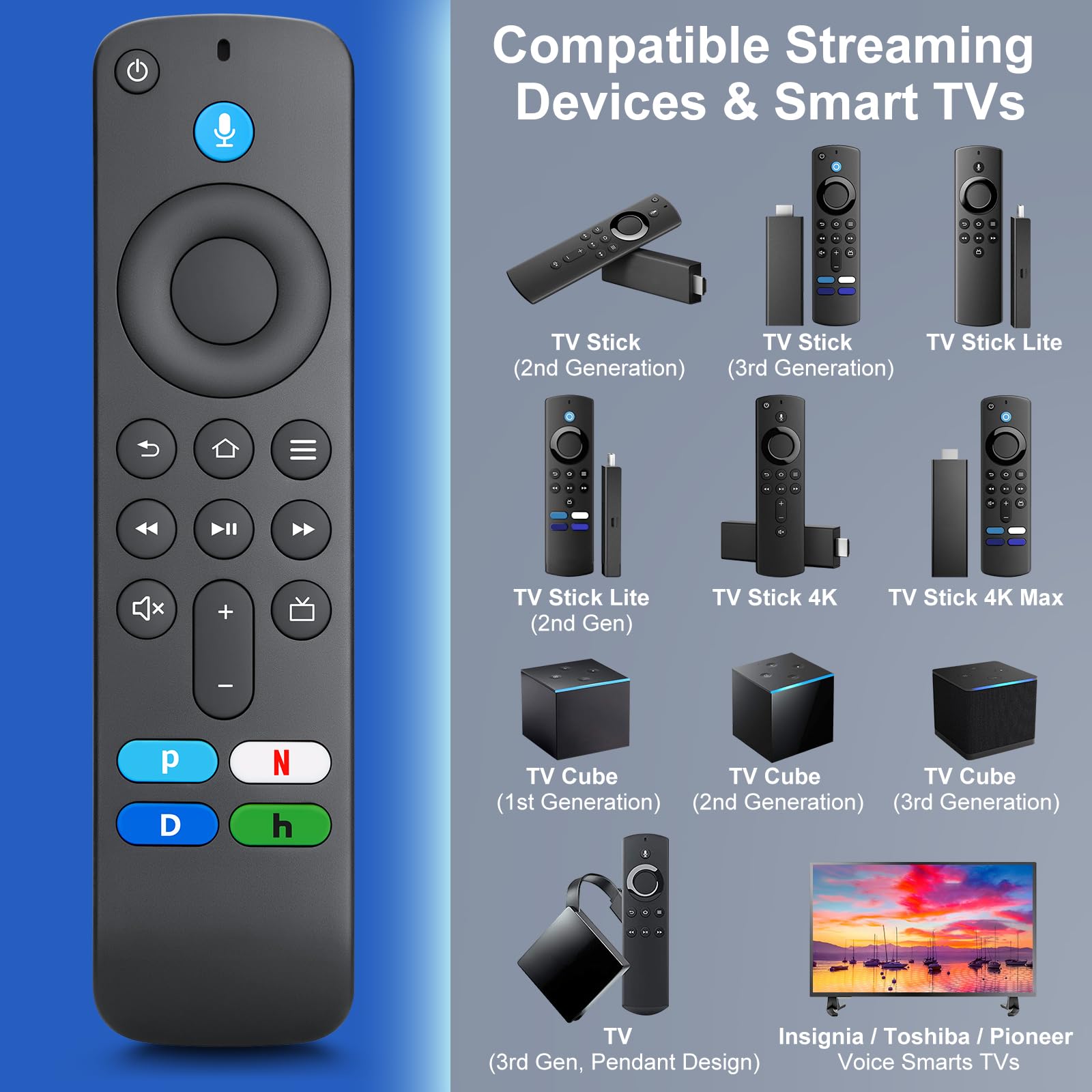 Replacement Voice Remote Control Compatible with Amazon Fire TV Stick, Fire TV Cube & Insignia/Toshiba/Pioneer Smart TVs - Hands-Free Voice Search, Streaming & Smart Home Control for Living Room & Bedroom Entertainment