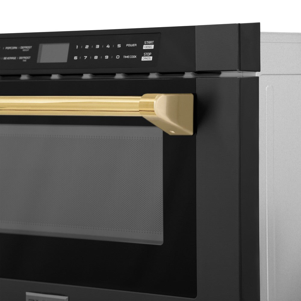 ZLINE Autograph Edition 24 Inch Built-In Microwave Drawer - 1.2 cu ft Capacity, Black Stainless Steel with Polished Gold Accents (MWDZ 1 BS H G) - Perfect for Modern Kitchens, Luxury Homes & High-End Appliance Upgrades