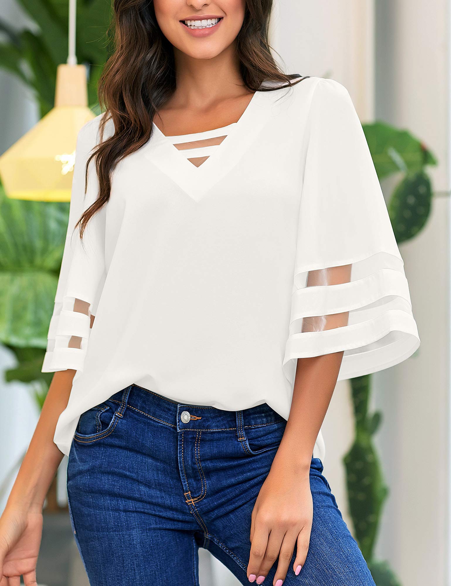 LookbookStore Women's Trendy 2024 V-Neck Mesh Panel Blouse with 3/4 Bell Sleeves - Elegant Casual Tops for Work, Date Night & Spring Outfits