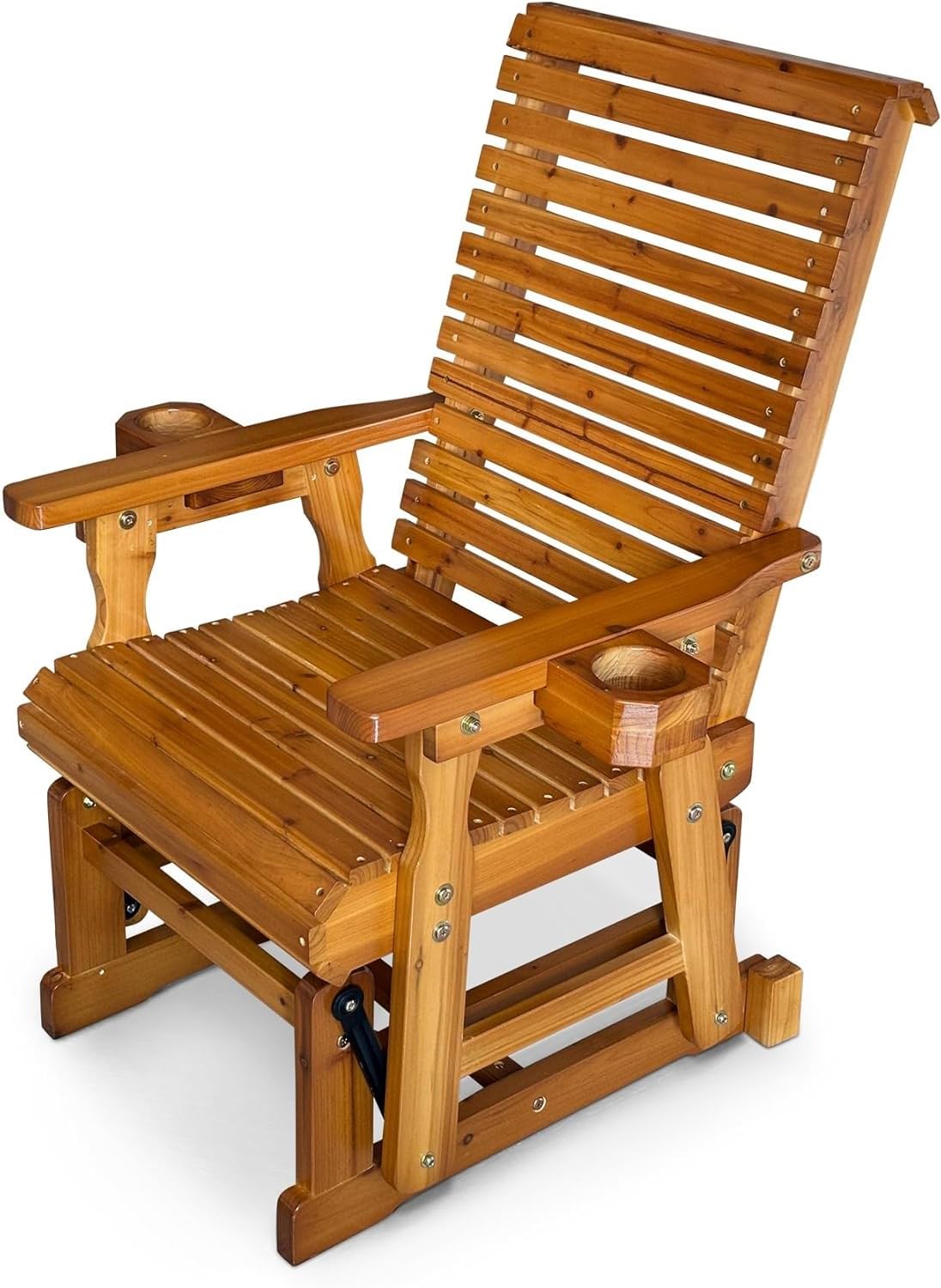 Fortune Candy Wooden Patio Glider - Single Person Outdoor Swing Chair with High Backrest & Deep Contoured Seat, Solid Fir Wood Construction, 600 LB Weight Capacity (Cedar Tone, Bridge Back) - Perfect for Porch, Garden, Deck Relaxation