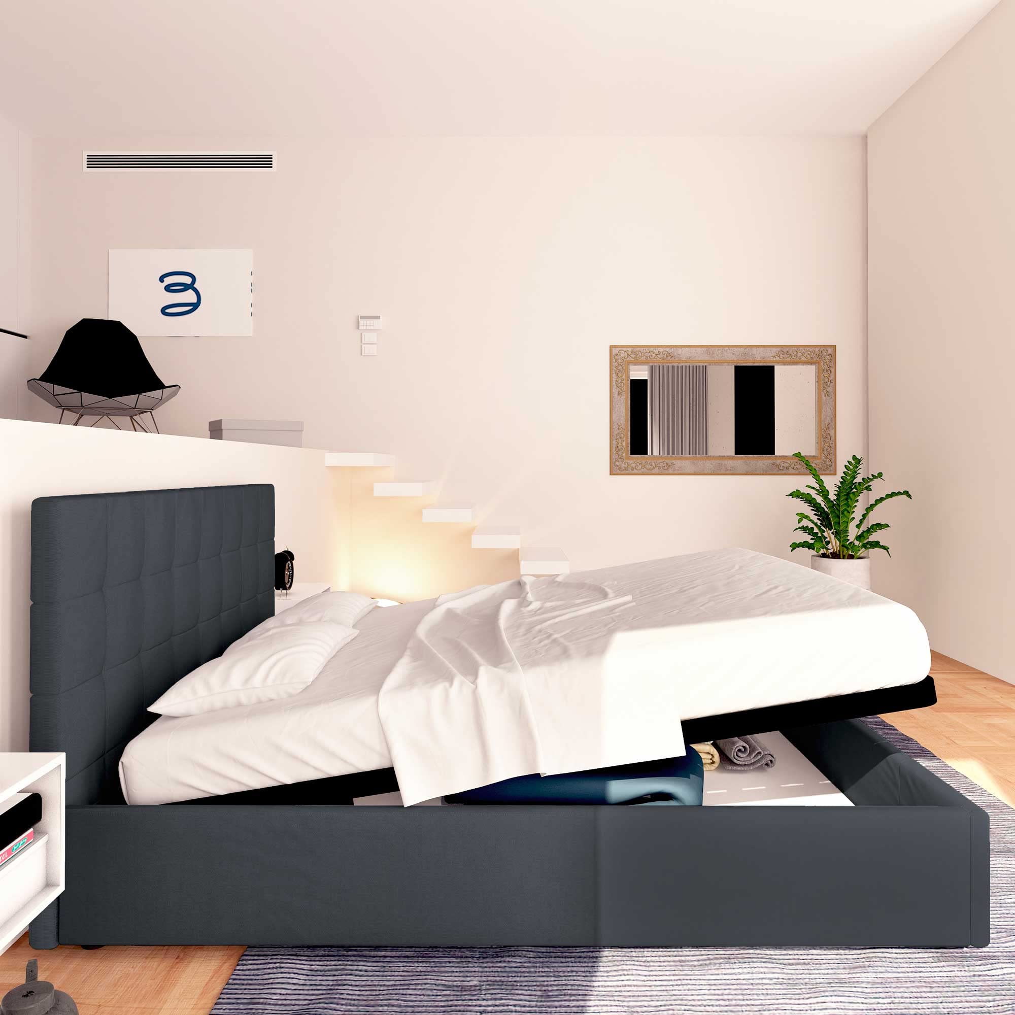 Baldiflex Dublin Fabric Double Bed Frame with Storage, Slatted Base for Single Mattresses, 140 x 200 cm, Elegant Headboard in Graphite Gray - Perfect for Small Bedrooms & Guest Rooms