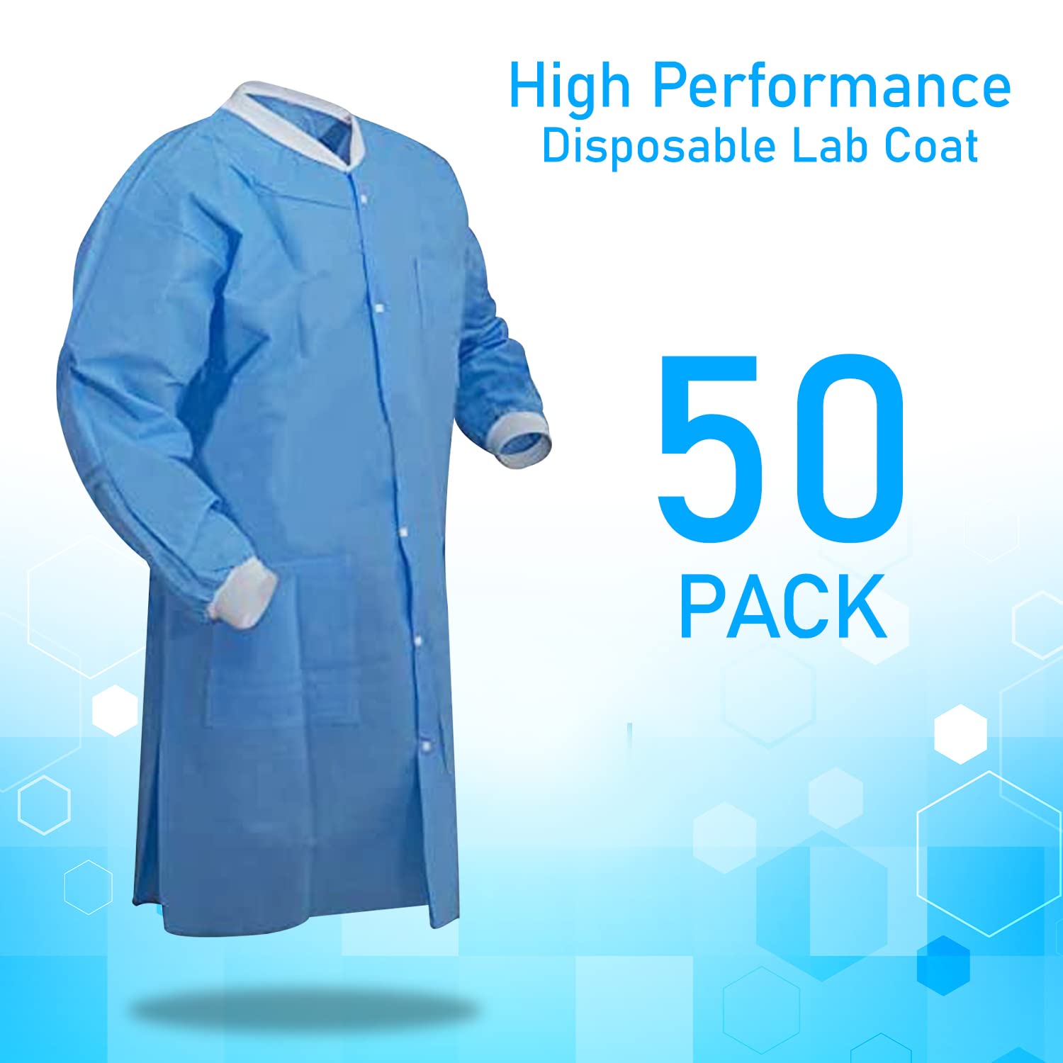 EOM Disposable Lab Coats for Men & Women - Knee-Length Medical Lab Jackets with Knit Cuffs & Collar - Pack of 50 Medium Size - Perfect for Hospitals, Clinics & Laboratory Use