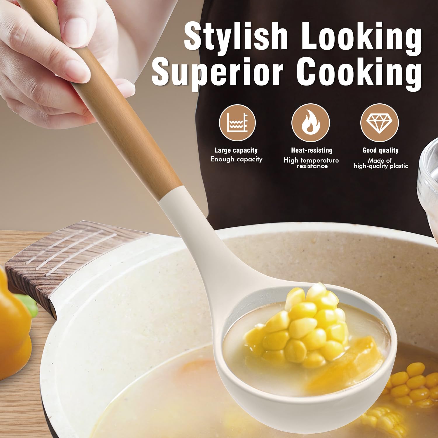 Premium Silicone Cooking Utensils Set - 5-Piece Heat Resistant Kitchen Tools with Wooden Handles (446°F Safe) - BPA Free Spatula, Turner & Spoon for Non-Stick Cookware - Cream White - Perfect for Baking, Frying & Everyday Cooking