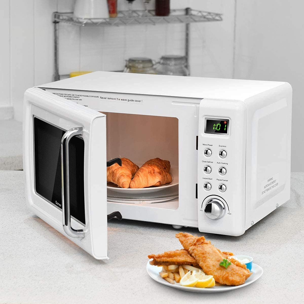 Moccha Compact Retro Microwave Oven - 0.7 Cu.ft 700W Countertop Microwave with 5 Power Levels, Delay Start, LED Display & Child Safety Lock - Perfect for Dorms, Apartments & Small Kitchens (White)