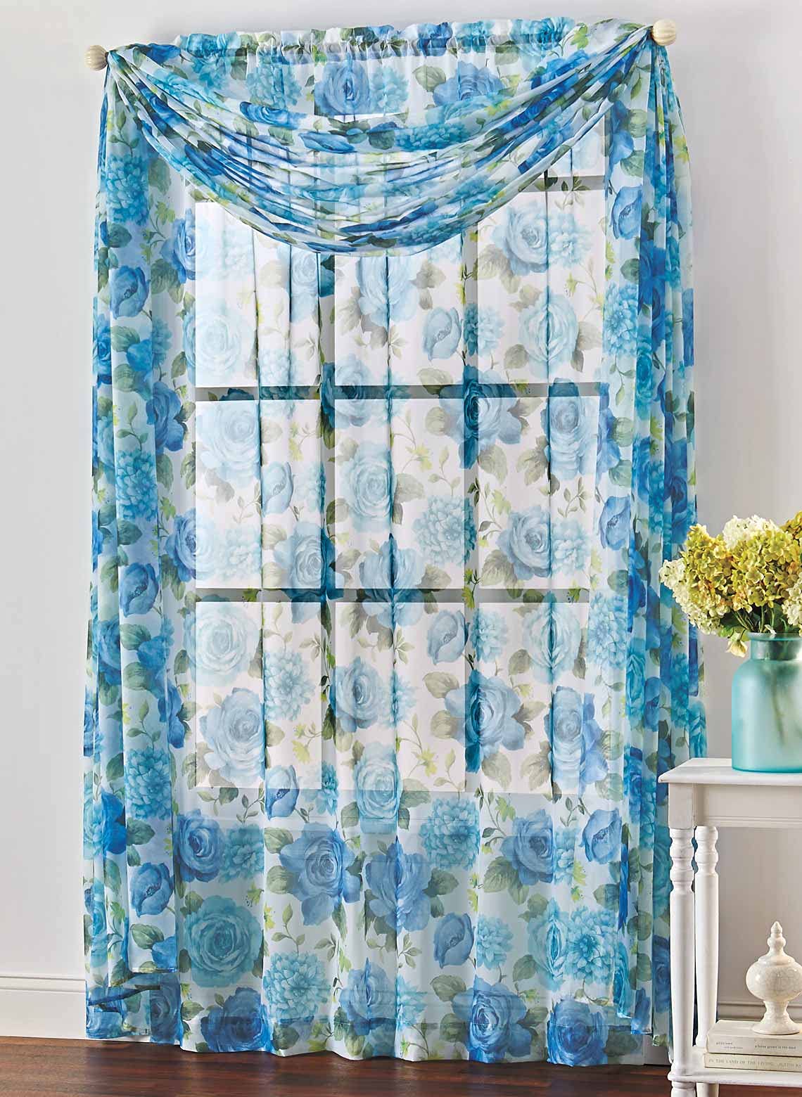 Carol Wright Gifts Sheer Curtain Panels & Scarf - Blue Rose Color, 45