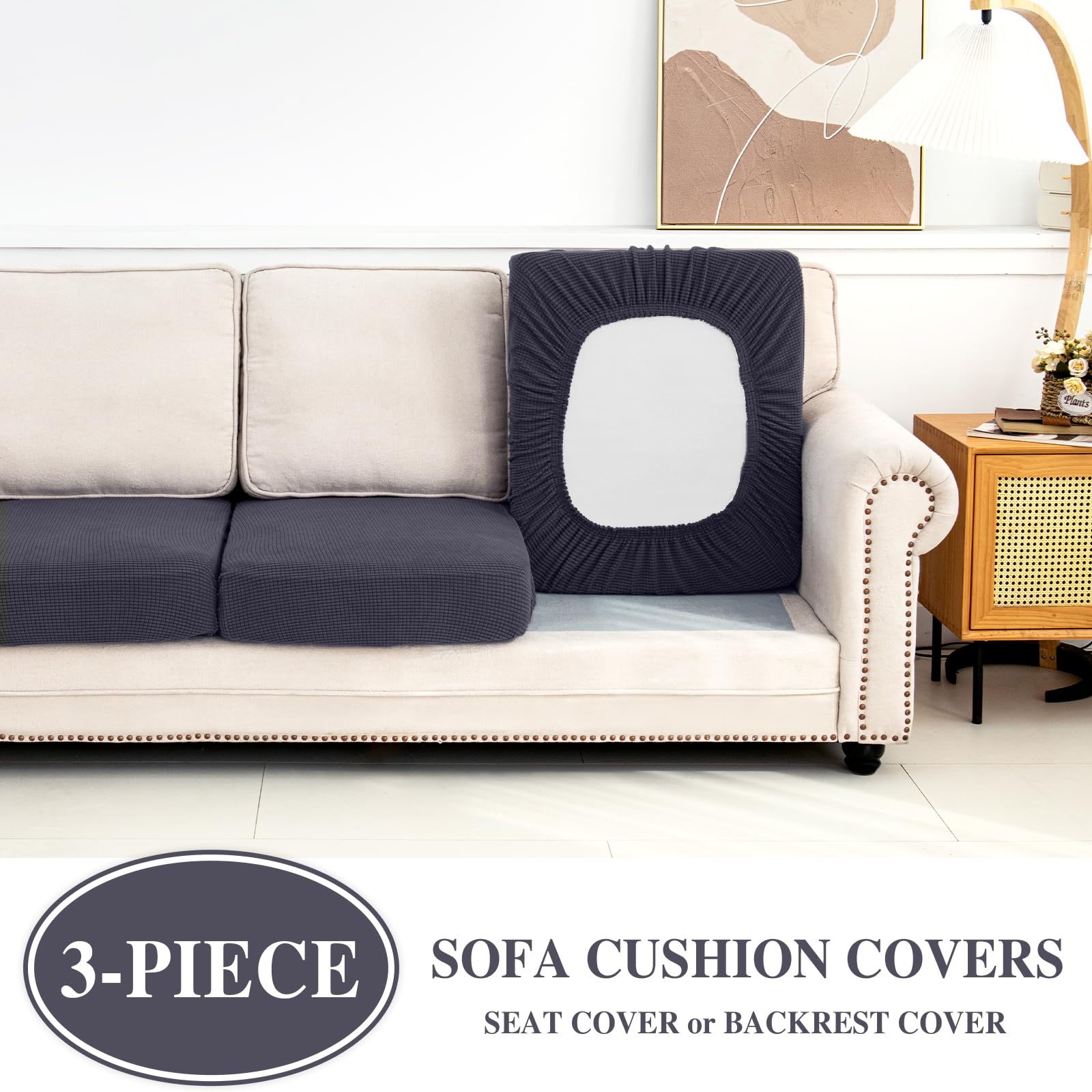 Stretch Sofa Slipcovers - 3-Piece Sectional Couch Cushion Covers with Elastic Edges, Dark Grey Furniture Protector for Living Room, Family Room & Home Decor