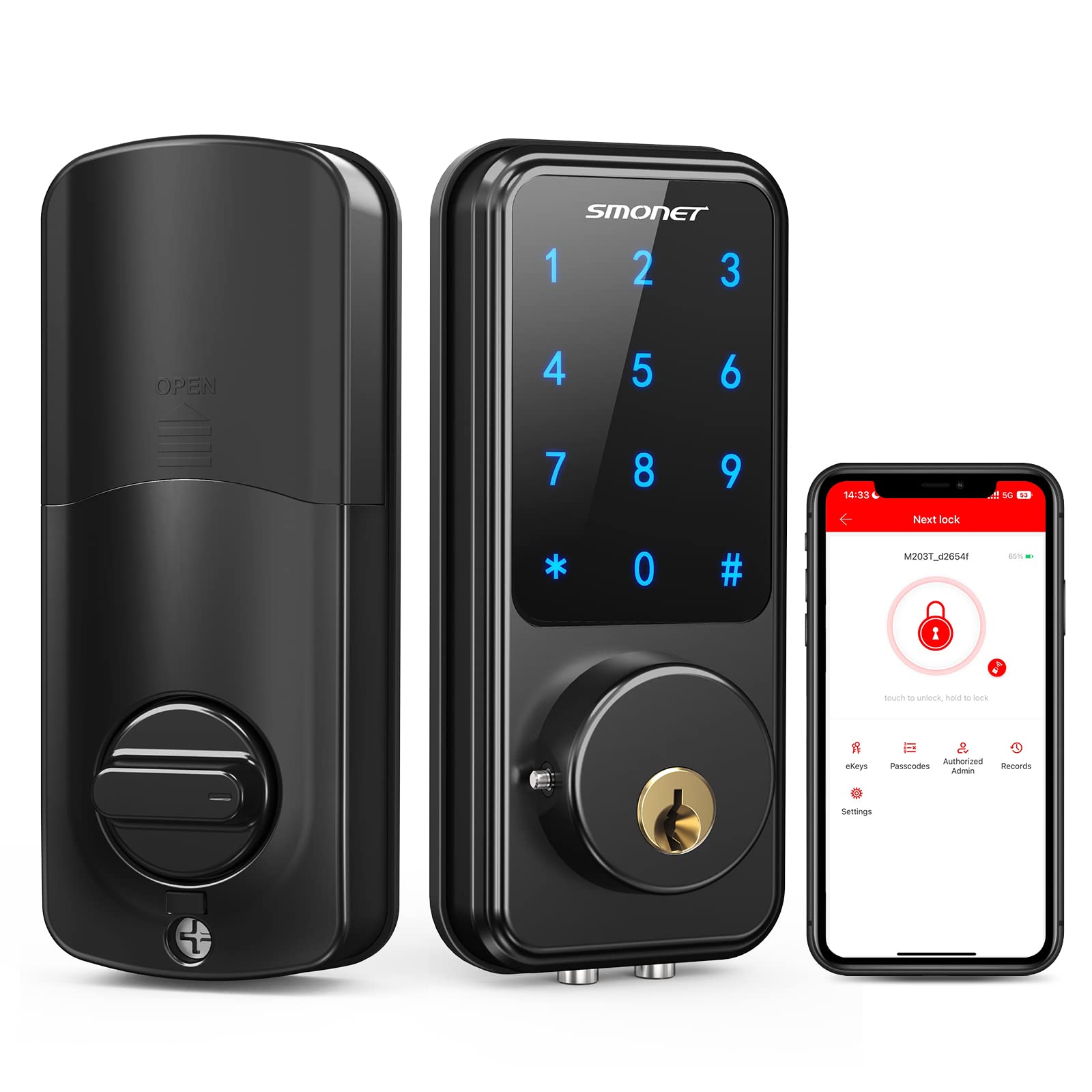 SMONET Smart Lock - Touchscreen Keypad Deadbolt for Front Door | Keyless Entry with WiFi & Bluetooth | Alexa Compatible | Secure Home & Office Use | Perfect for Vacation Rentals & Smart Homes